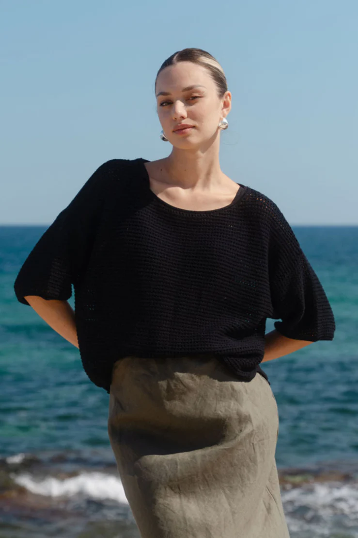 Sunrise Black SS Crochet Knit Top