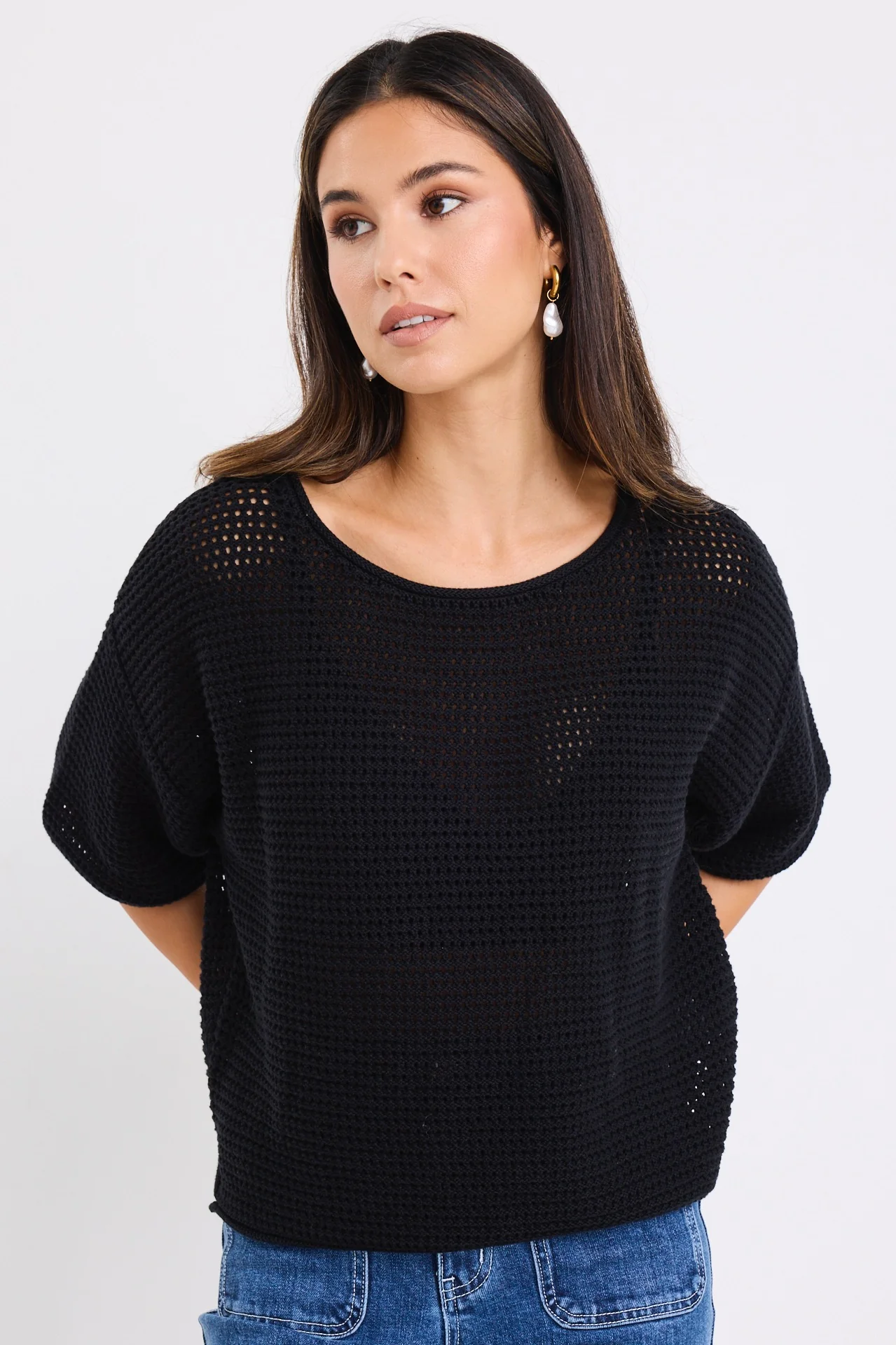 Sunrise Black SS Crochet Knit Top - Image 4