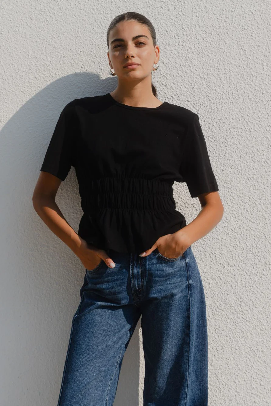 Svelte Black Shirred Detail SS Tee