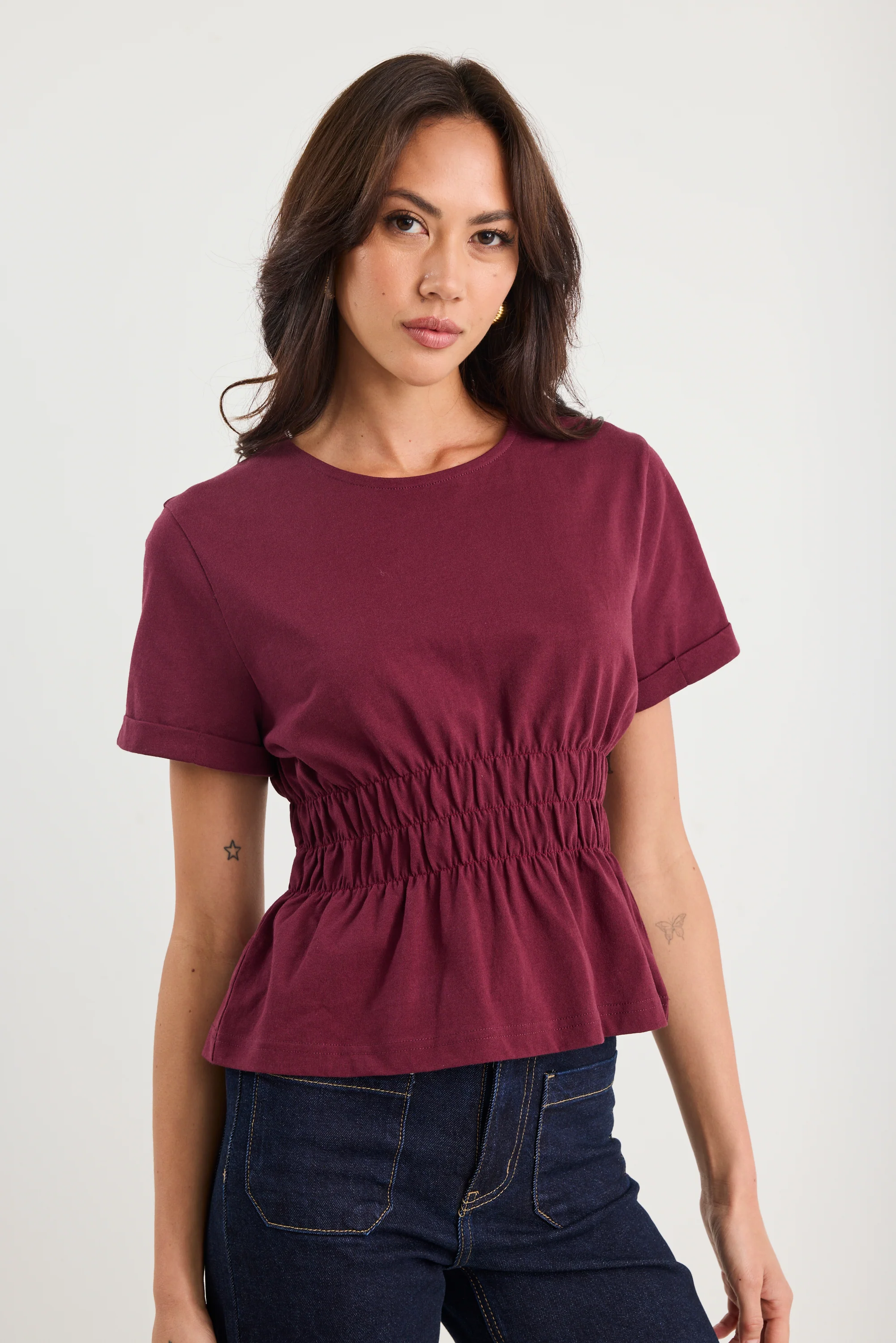 Svelte Burgundy Shirred Detail SS Tee - Image 3