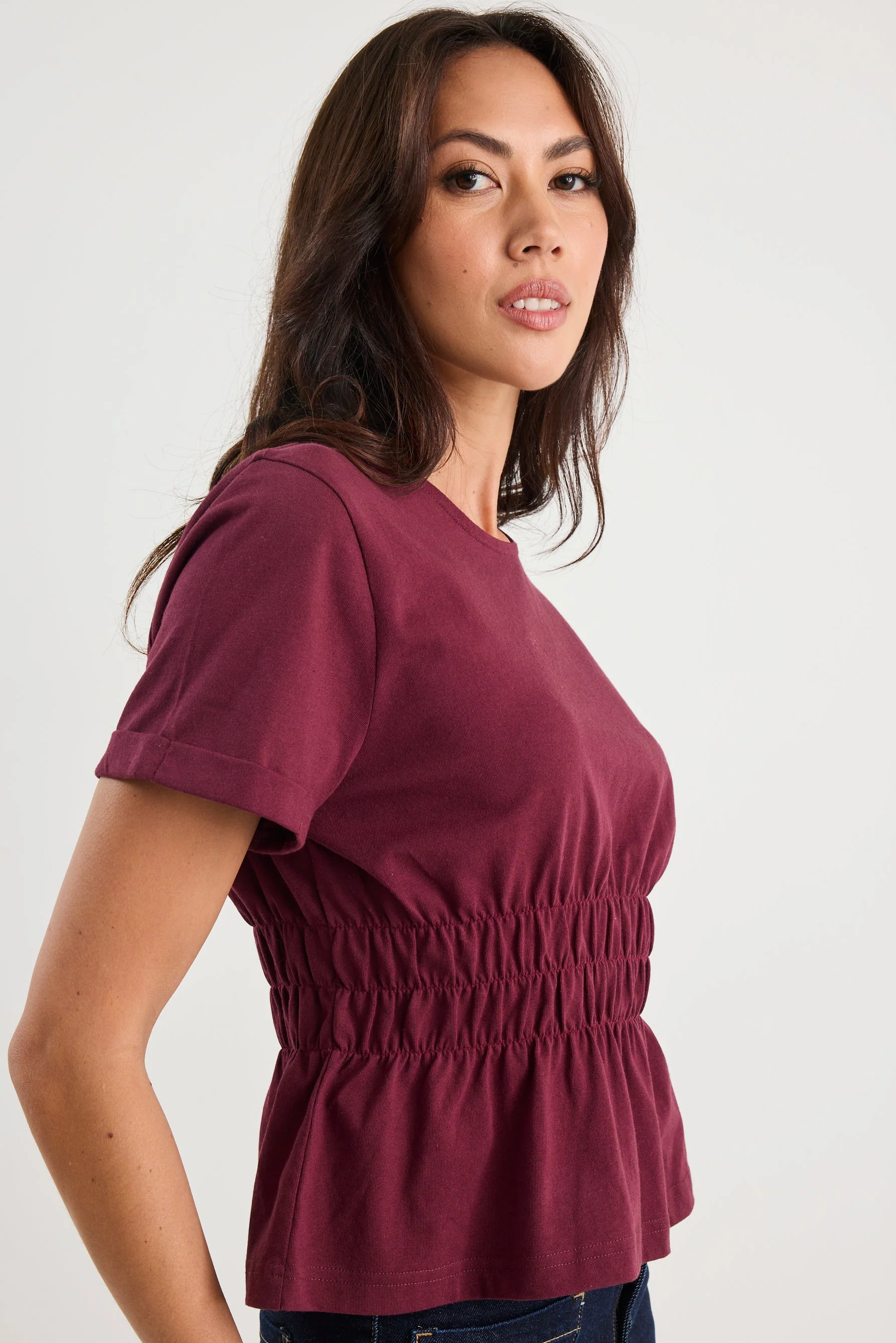 Svelte Burgundy Shirred Detail SS Tee - Image 4