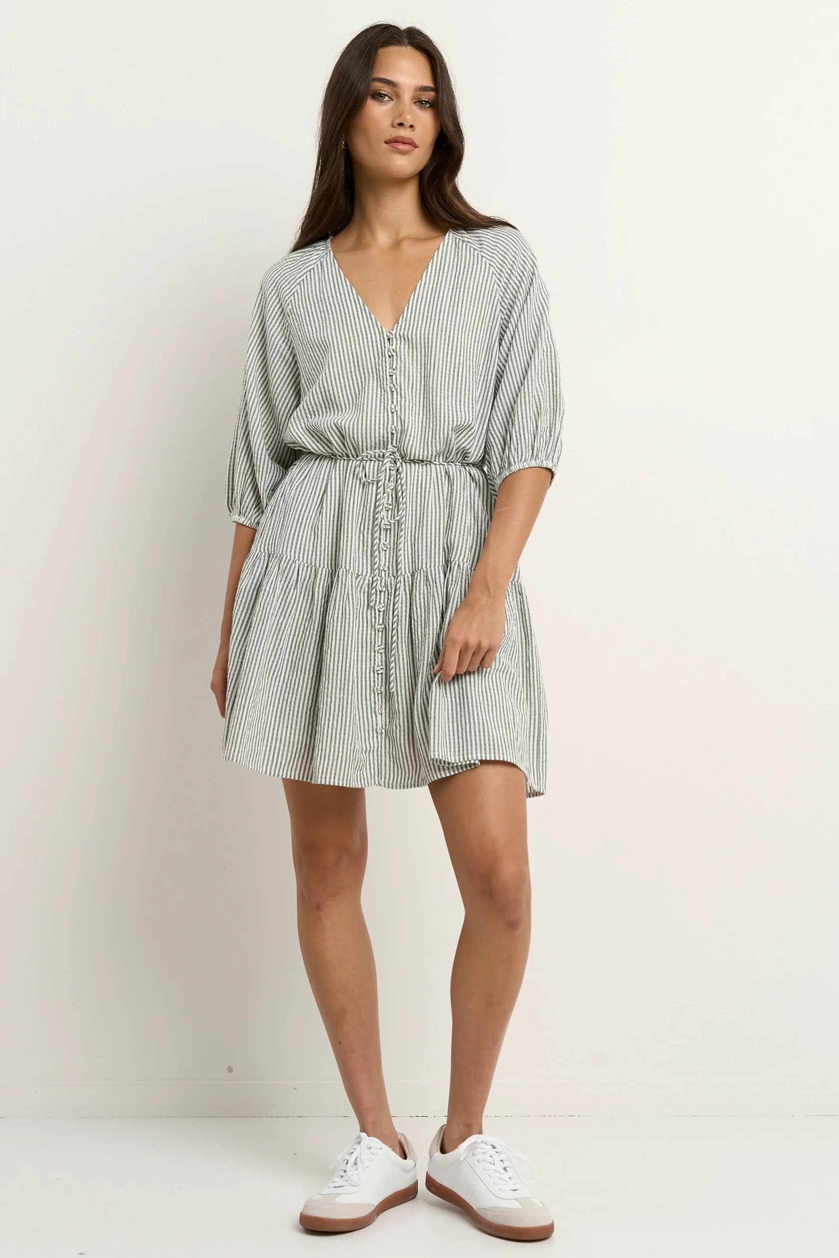 Switch Khaki Stripe Puff Sleeve Button Front Mini Dress - Image 2