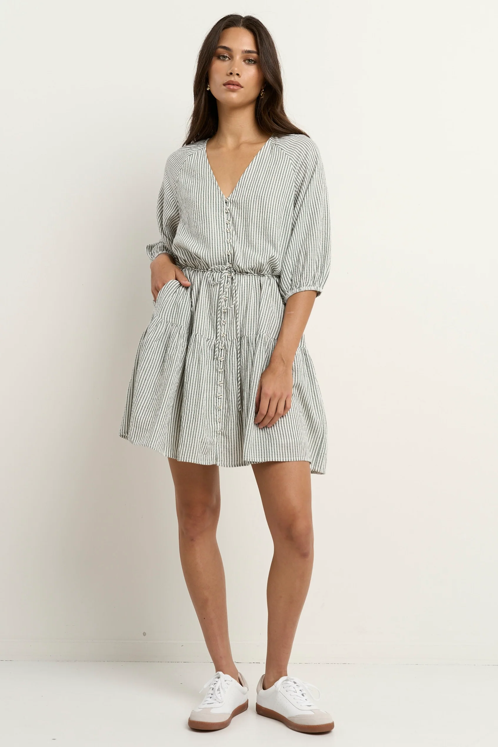 Switch Khaki Stripe Puff Sleeve Button Front Mini Dress - Image 3