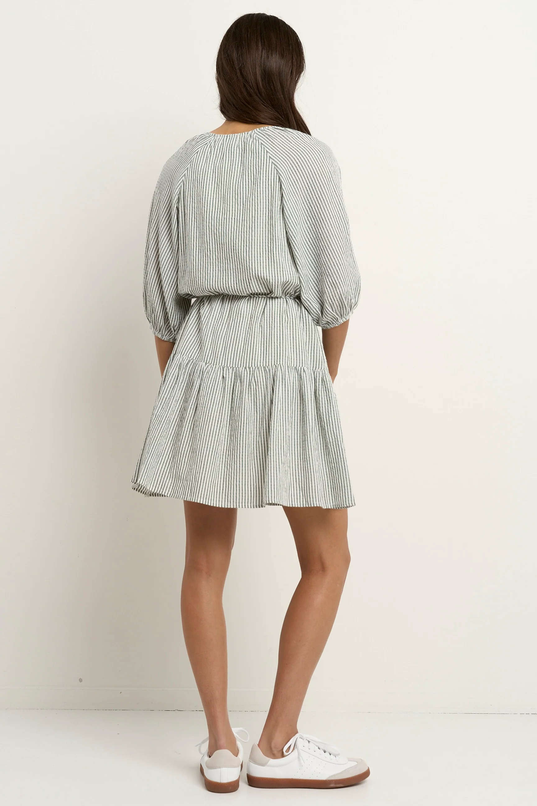 Switch Khaki Stripe Puff Sleeve Button Front Mini Dress - Image 4