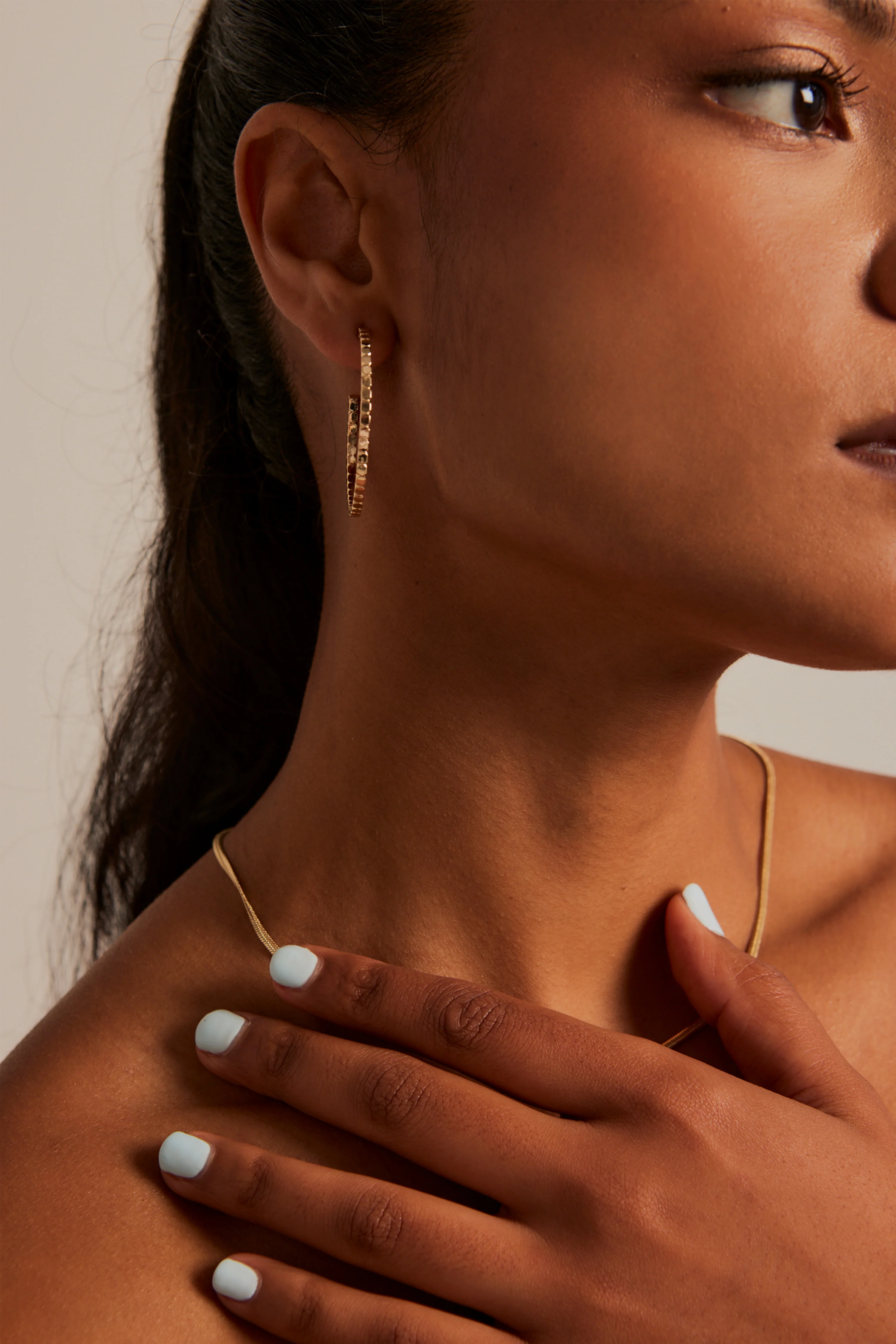 Thin Textured Gold EOL Hoop Earrings - Image 2