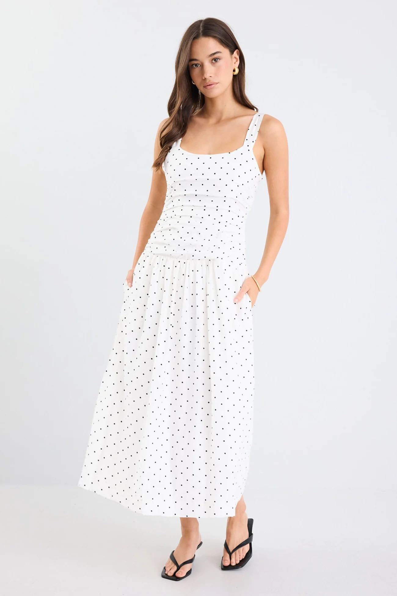 Tide Cream Polka Dot Pleated Bodice Strappy Midi Dress - Image 2