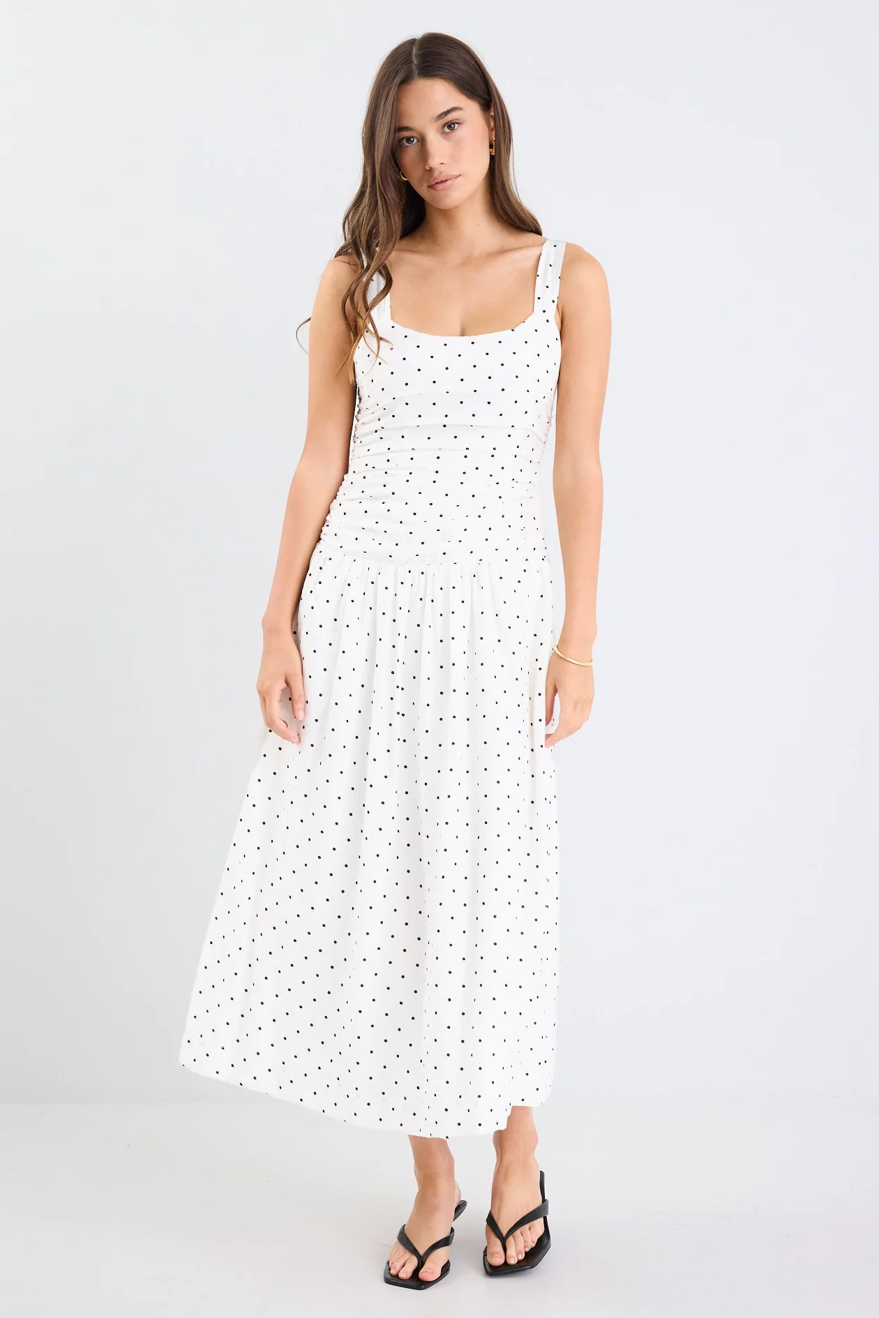 Tide Cream Polka Dot Pleated Bodice Strappy Midi Dress - Image 3