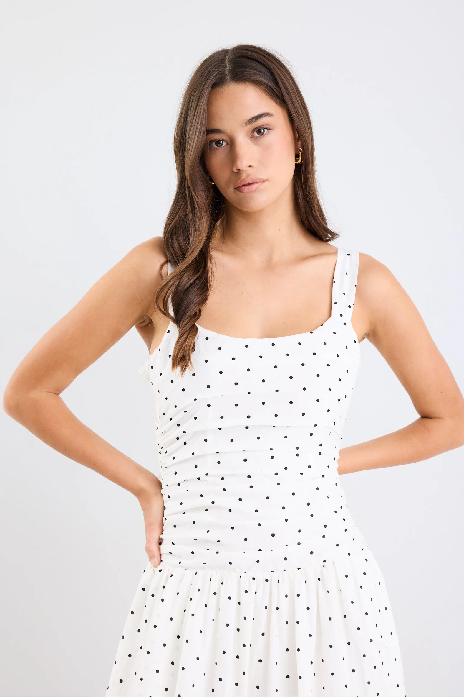 Tide Cream Polka Dot Pleated Bodice Strappy Midi Dress - Image 4