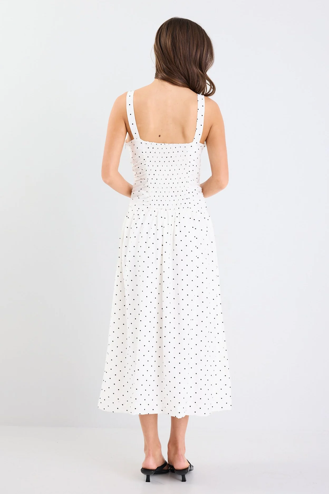 Tide Cream Polka Dot Pleated Bodice Strappy Midi Dress - Image 6