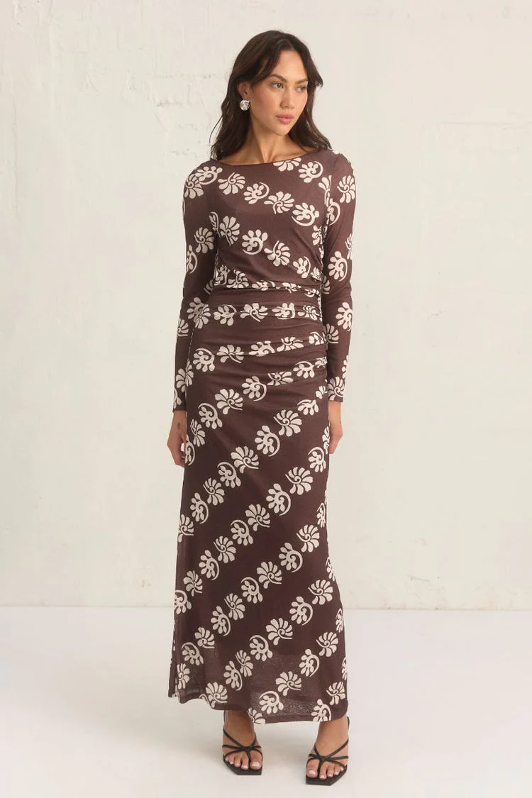 Toledo Chocolate Print Mesh LS Maxi Dress