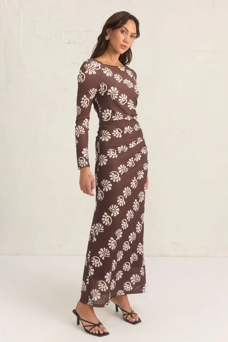 Toledo Chocolate Print Mesh LS Maxi Dress - Image 3