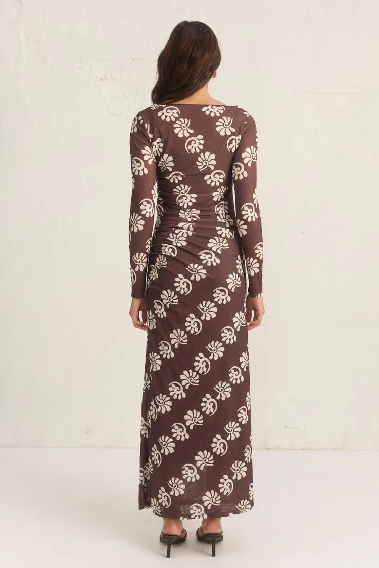 Toledo Chocolate Print Mesh LS Maxi Dress - Image 4