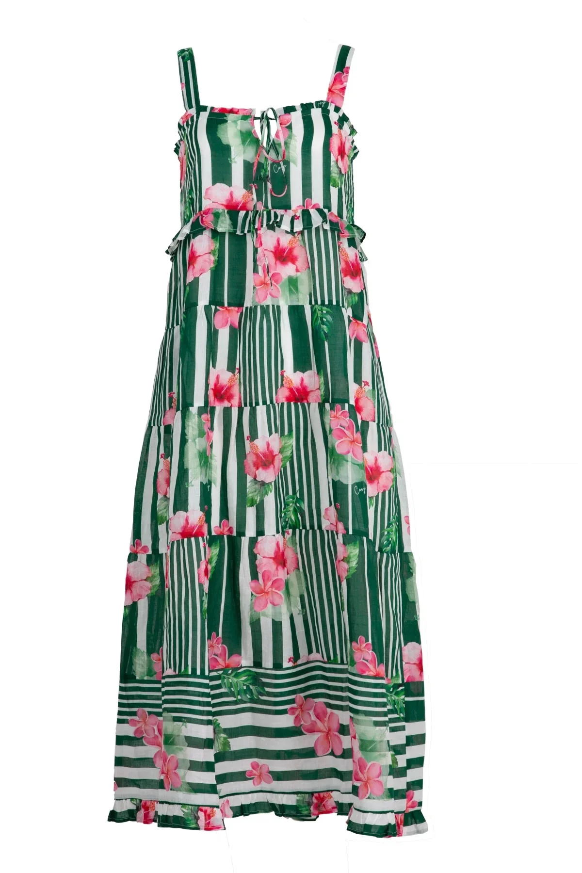 Top Tier Pink Green Stripe Floral Strappy Maxi Dress - Image 2