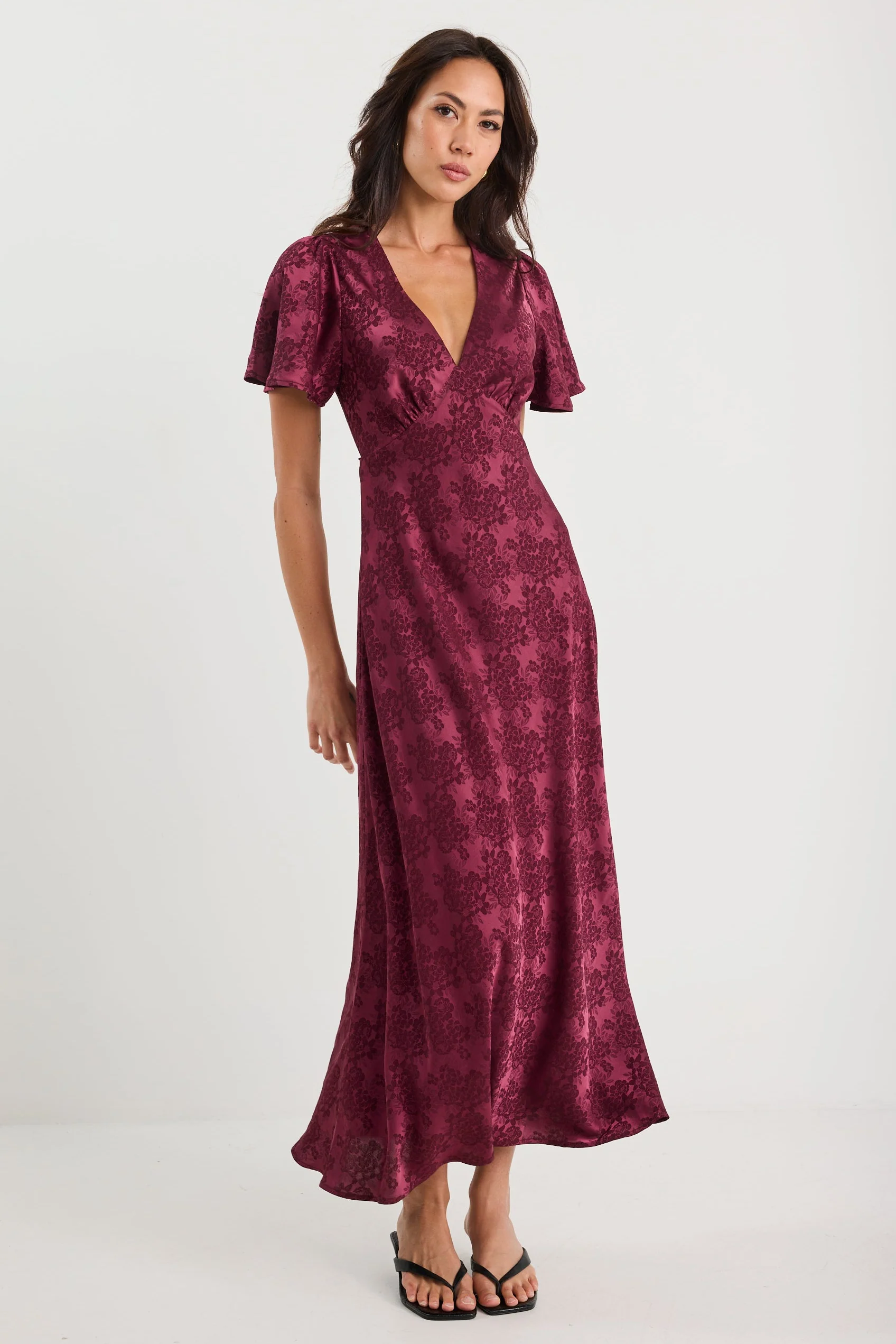 Tram Burgundy Jacquard Bias Flared Maxi Dress - Image 3
