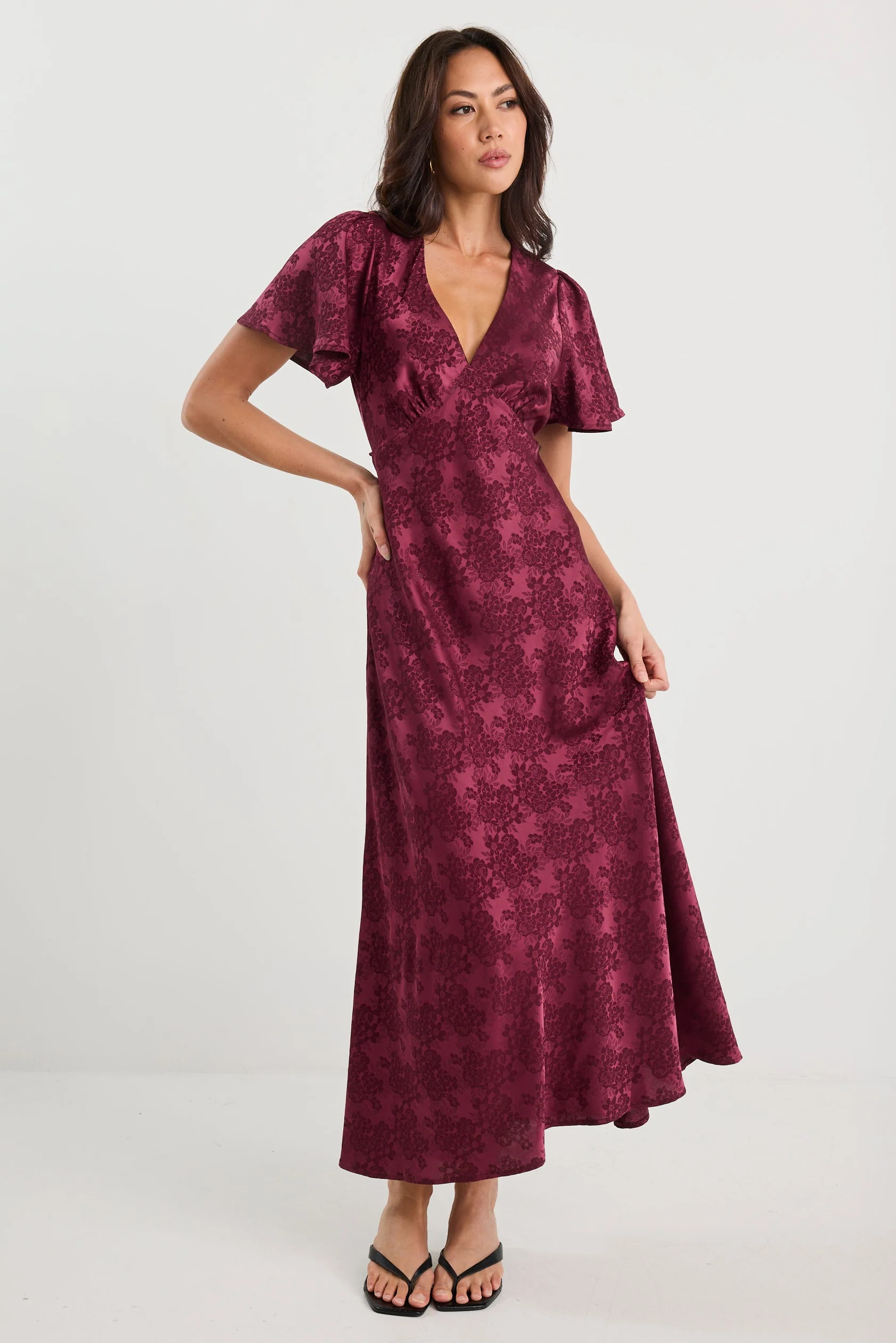 Tram Burgundy Jacquard Bias Flared Maxi Dress - Image 4