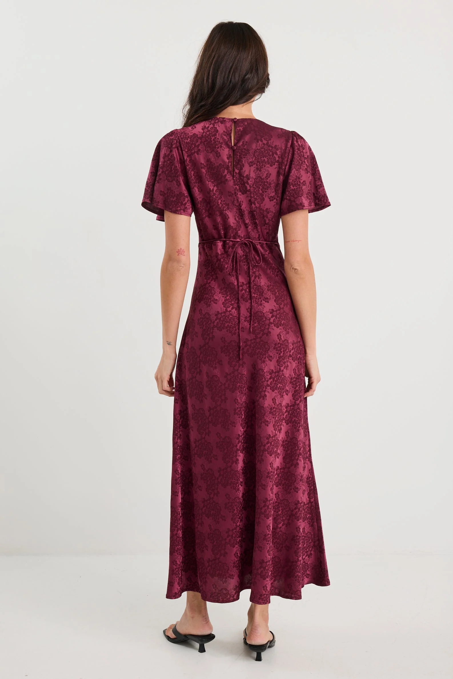 Tram Burgundy Jacquard Bias Flared Maxi Dress - Image 5