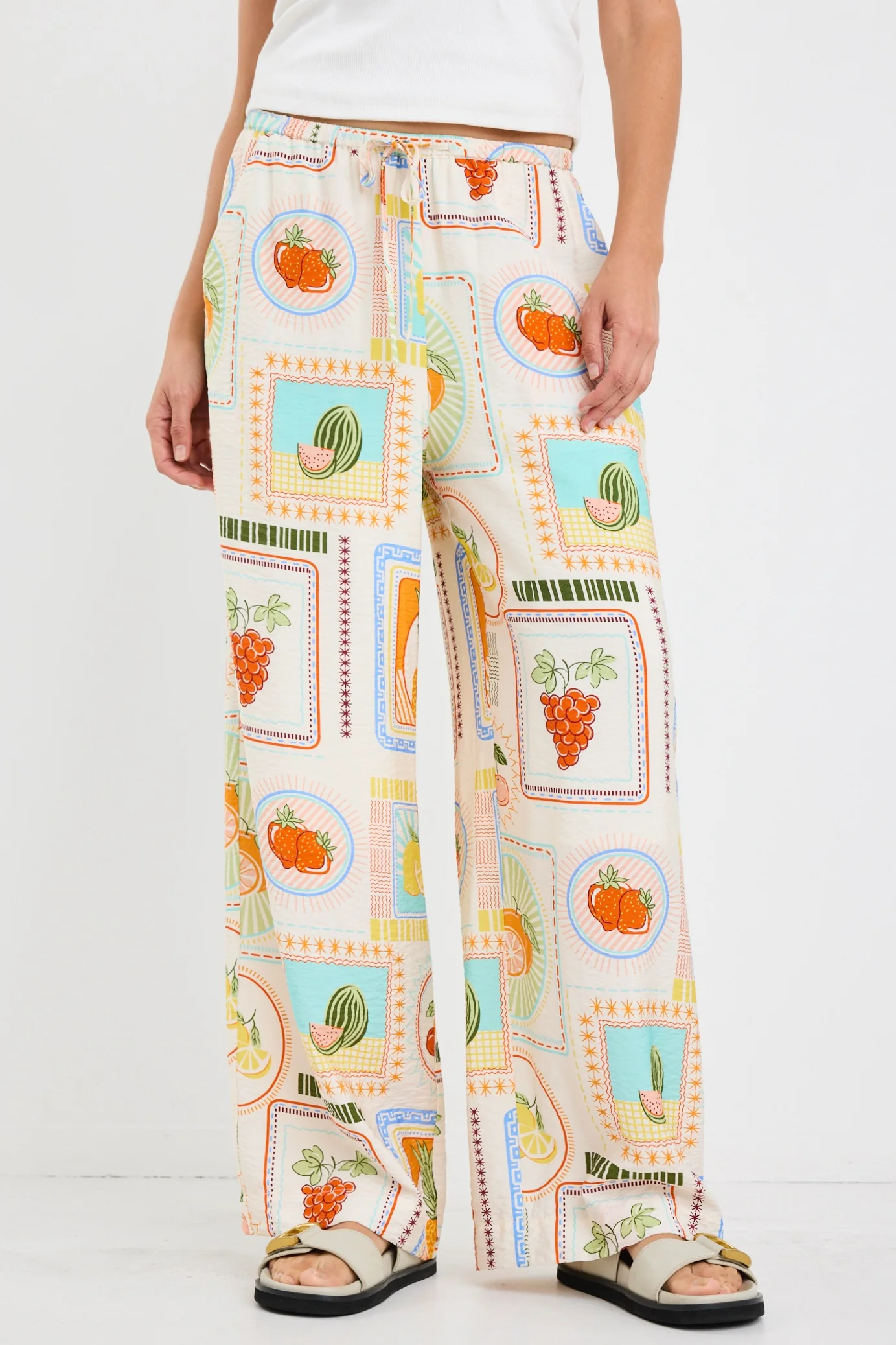 Travel Cream Tropical Postcard Wide Leg Pull On Pants