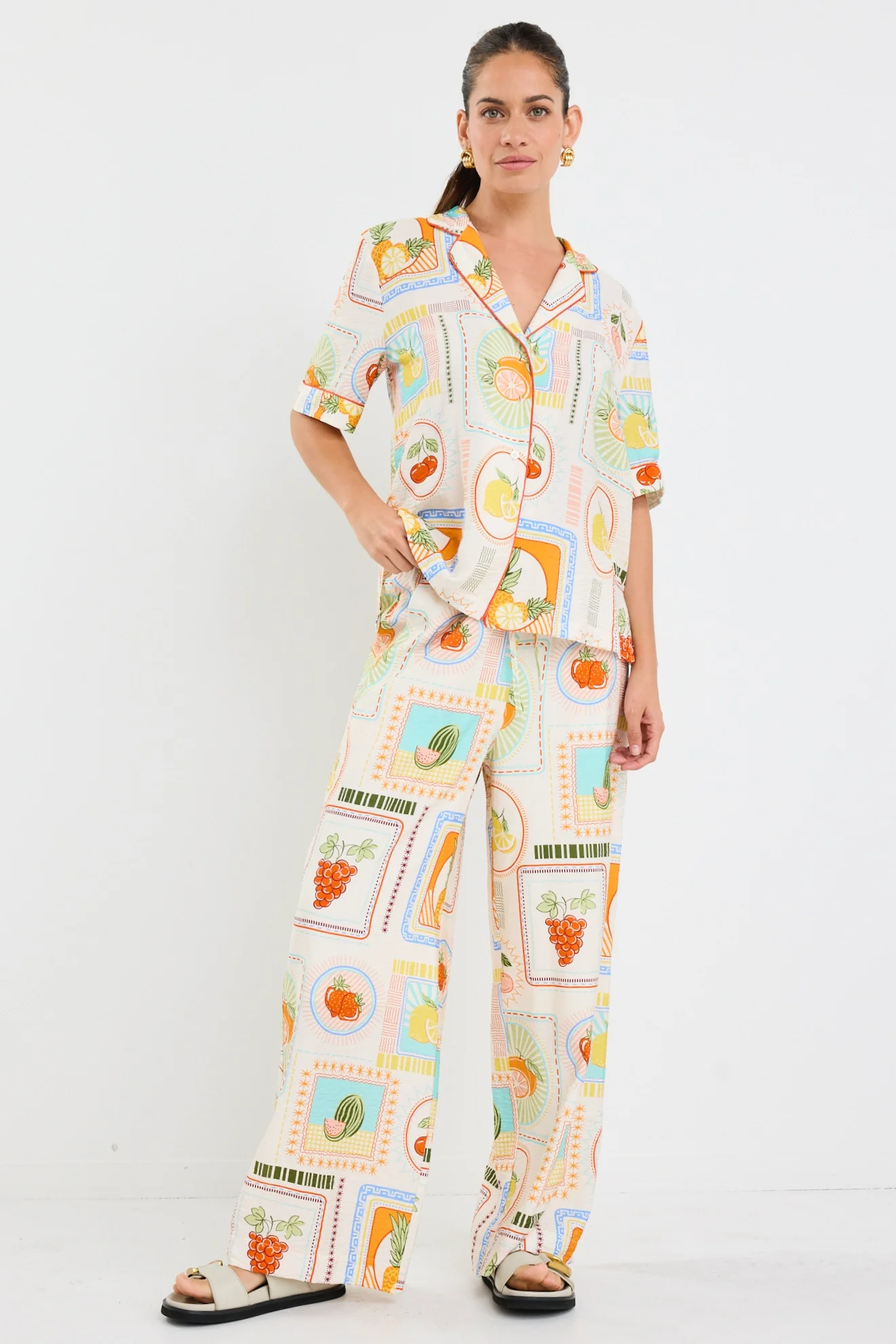 Travel Cream Tropical Postcard Wide Leg Pull On Pants - Image 4