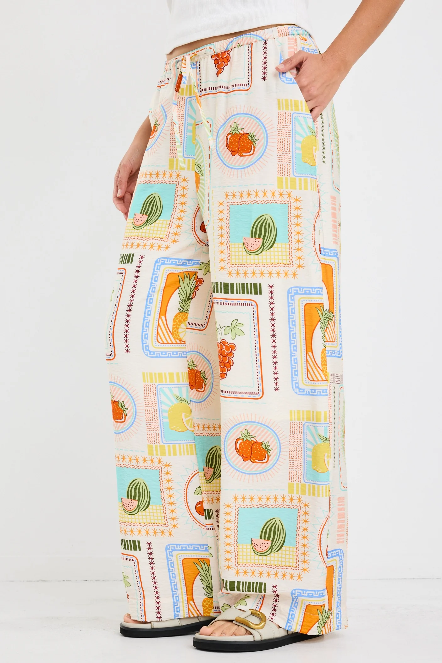 Travel Cream Tropical Postcard Wide Leg Pull On Pants - Image 5