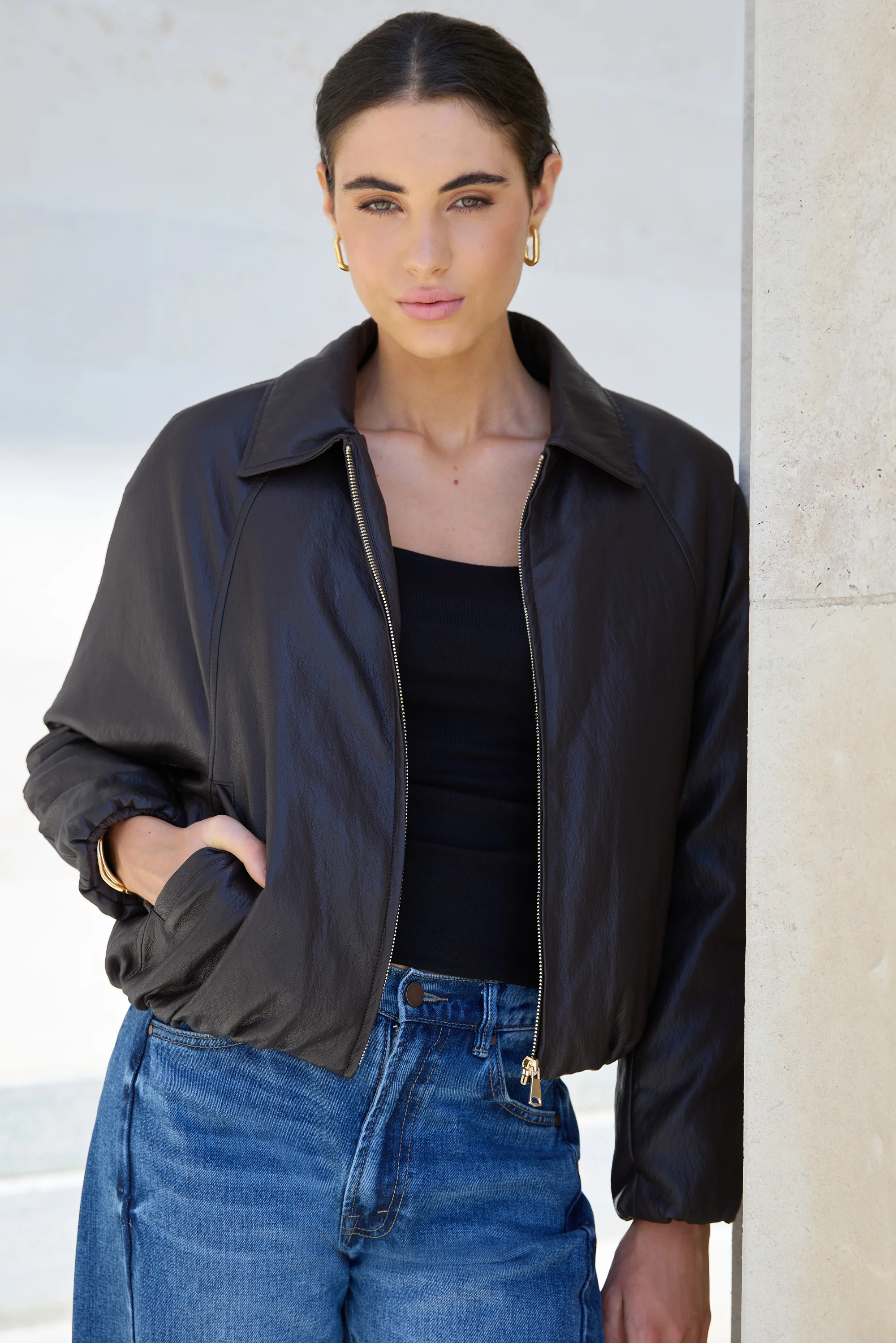 Troupe Chocolate PU Leather Zip Through Bubble Hem Jacket
