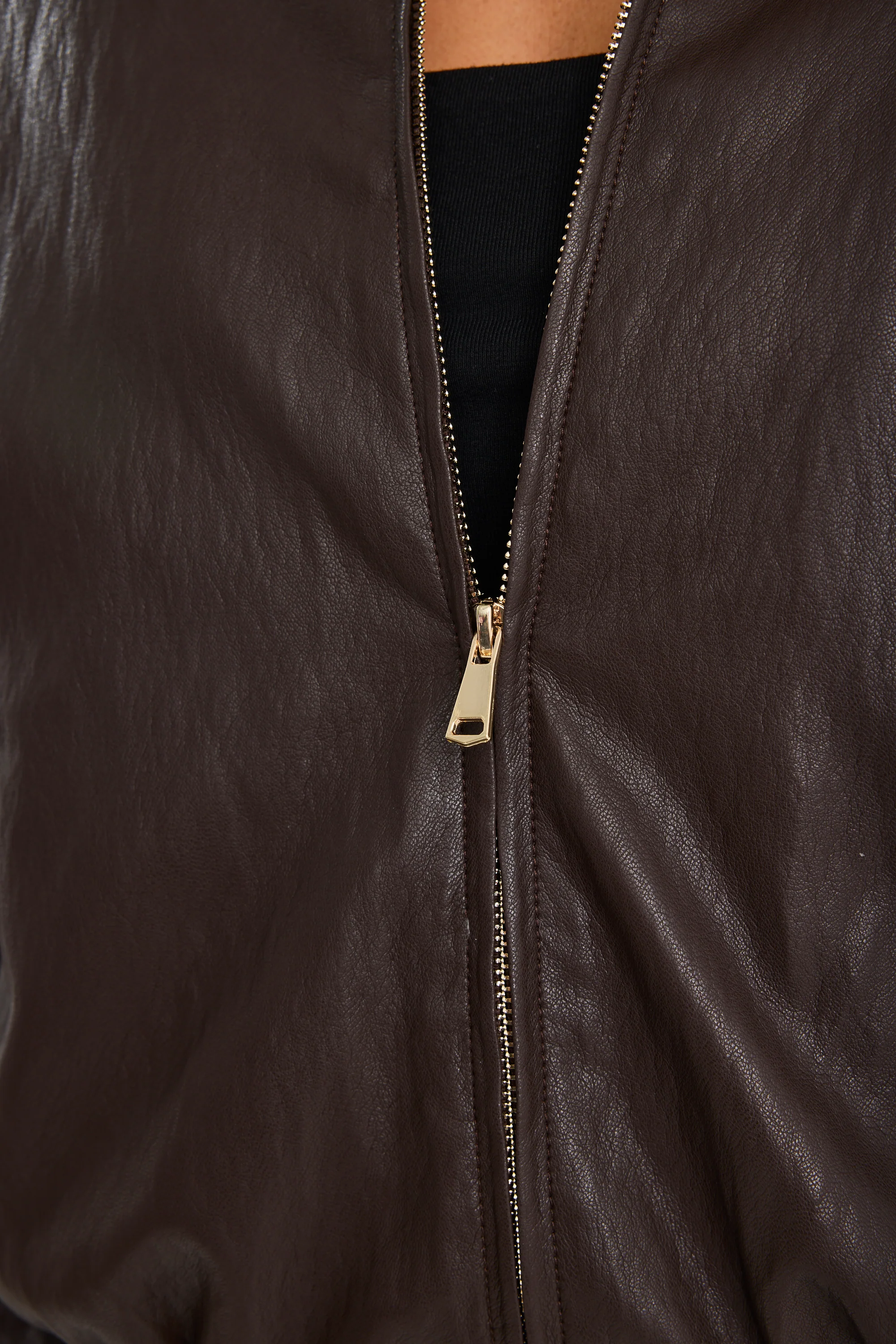 Troupe Chocolate PU Leather Zip Through Bubble Hem Jacket - Image 6