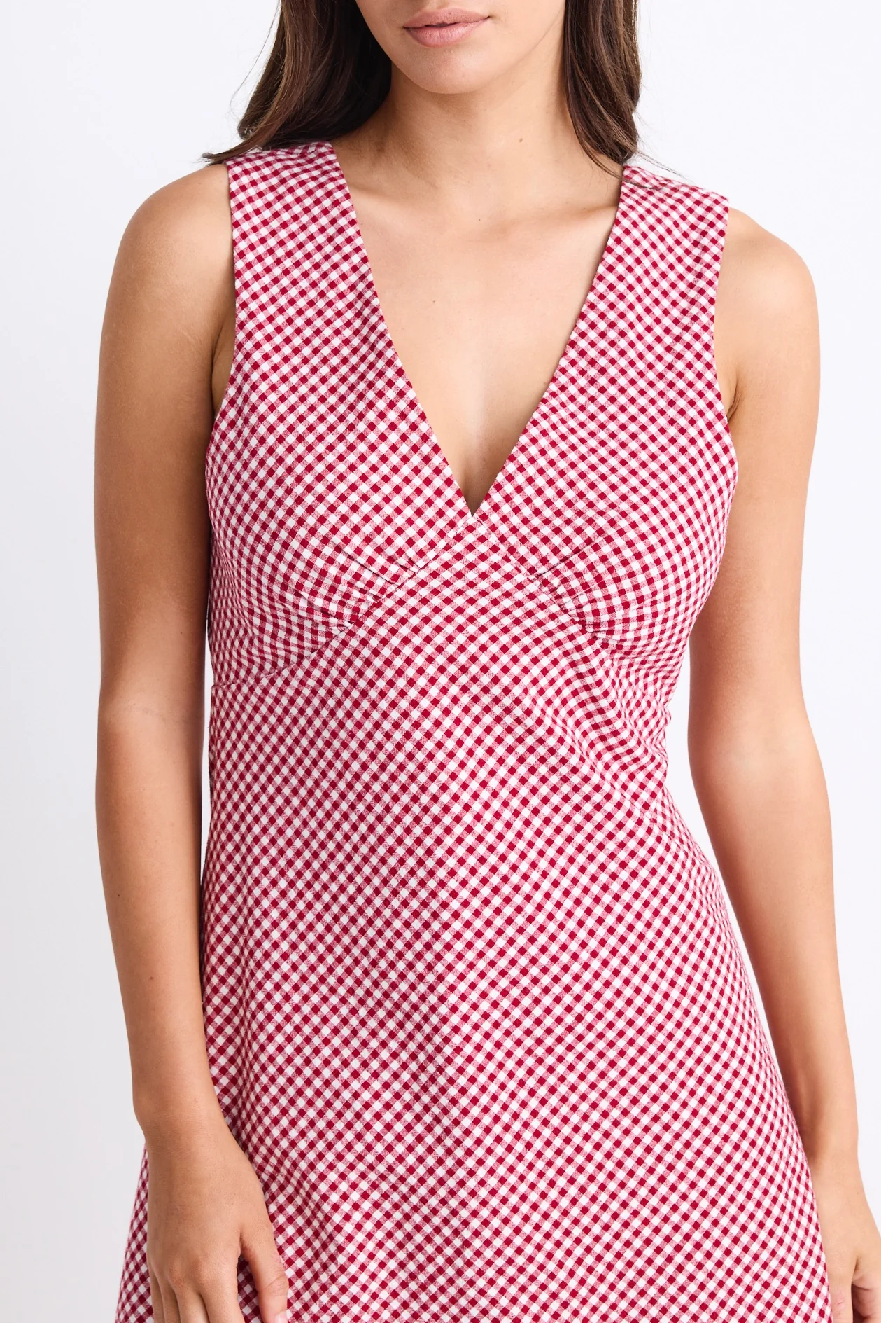 Turin Red Ditsy Gingham Cotton Sleeveless Bias Mini Dress - Image 2