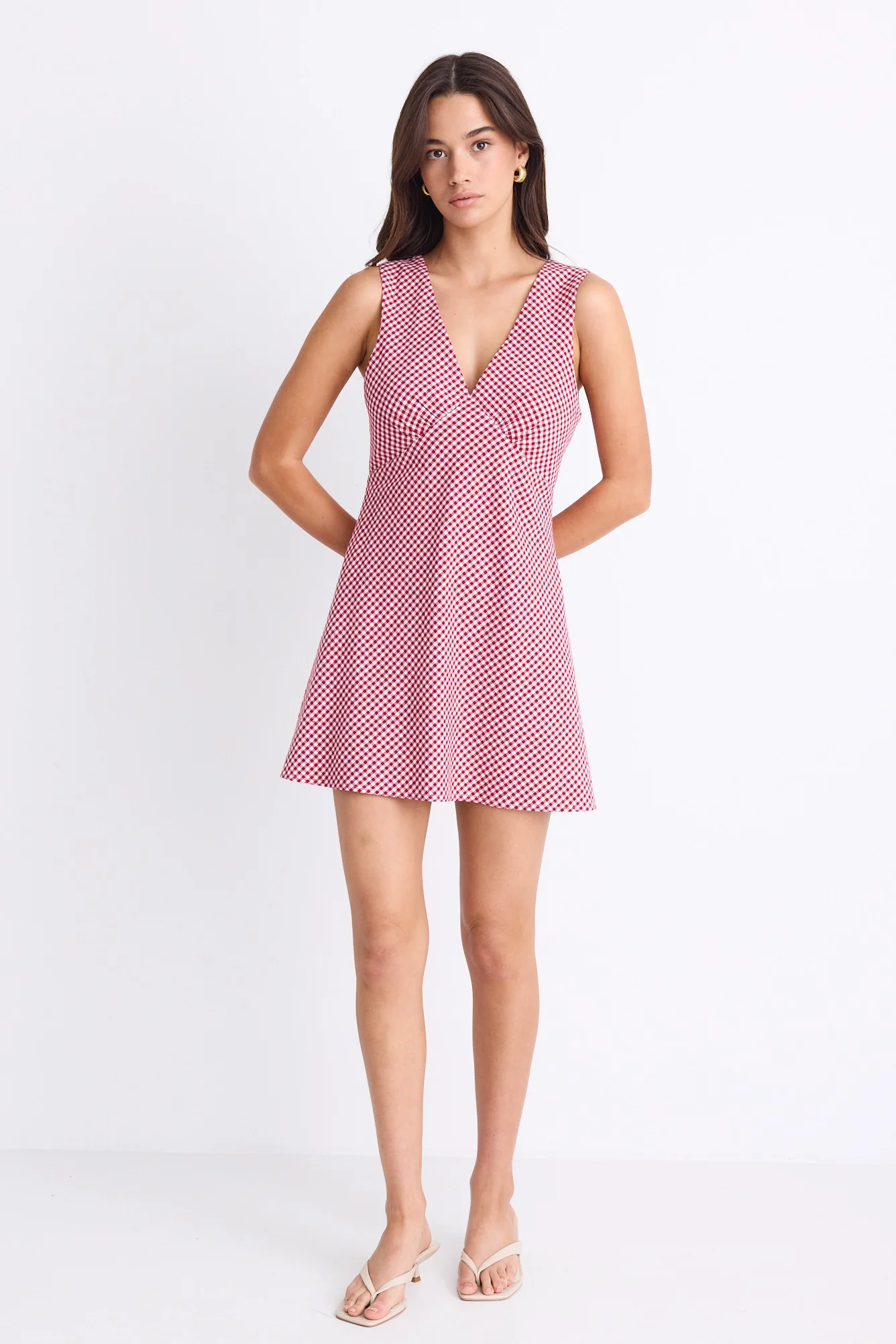 Turin Red Ditsy Gingham Cotton Sleeveless Bias Mini Dress - Image 3