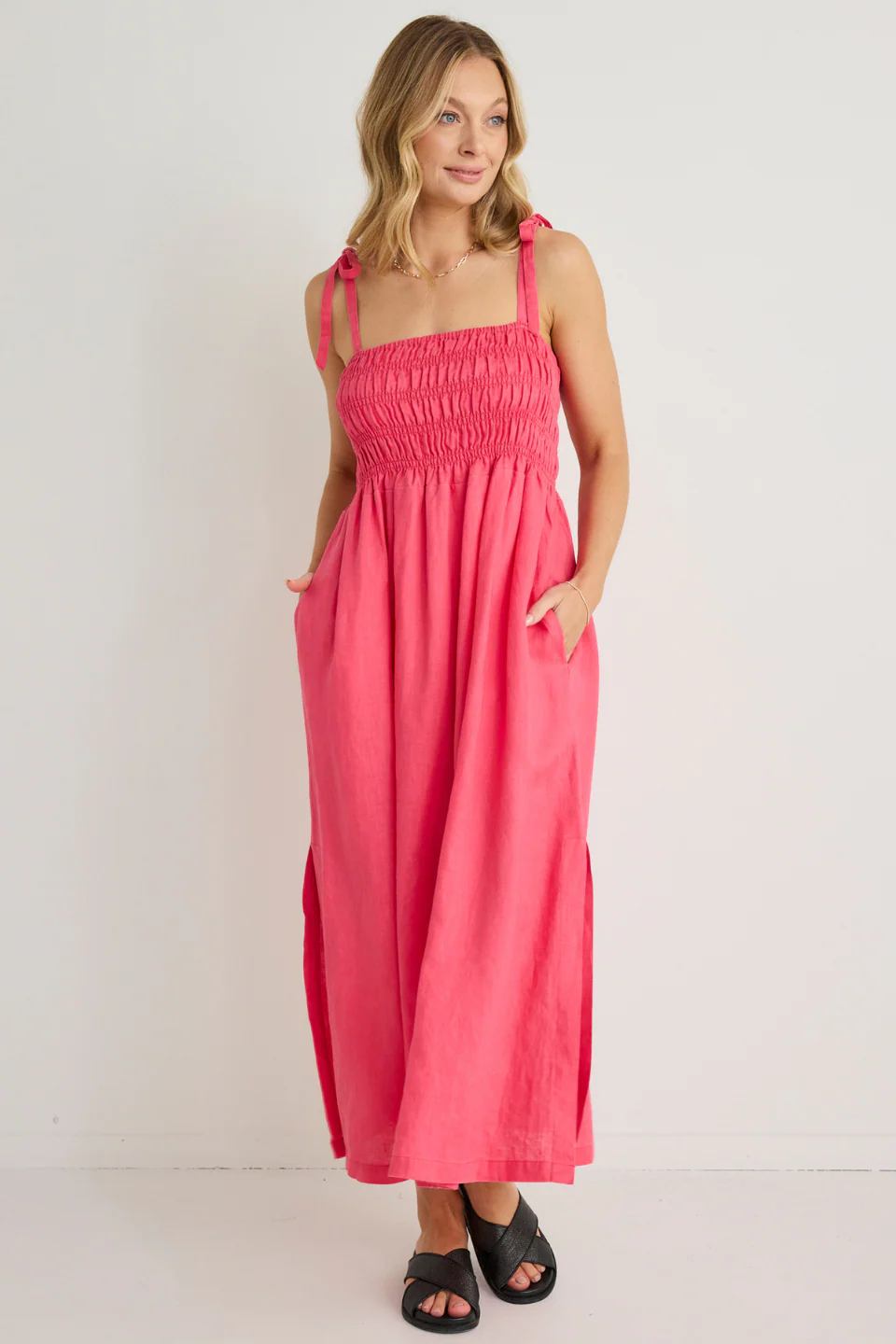 Vacation Fuchsia Strappy Shirred Midi Dress - Image 2