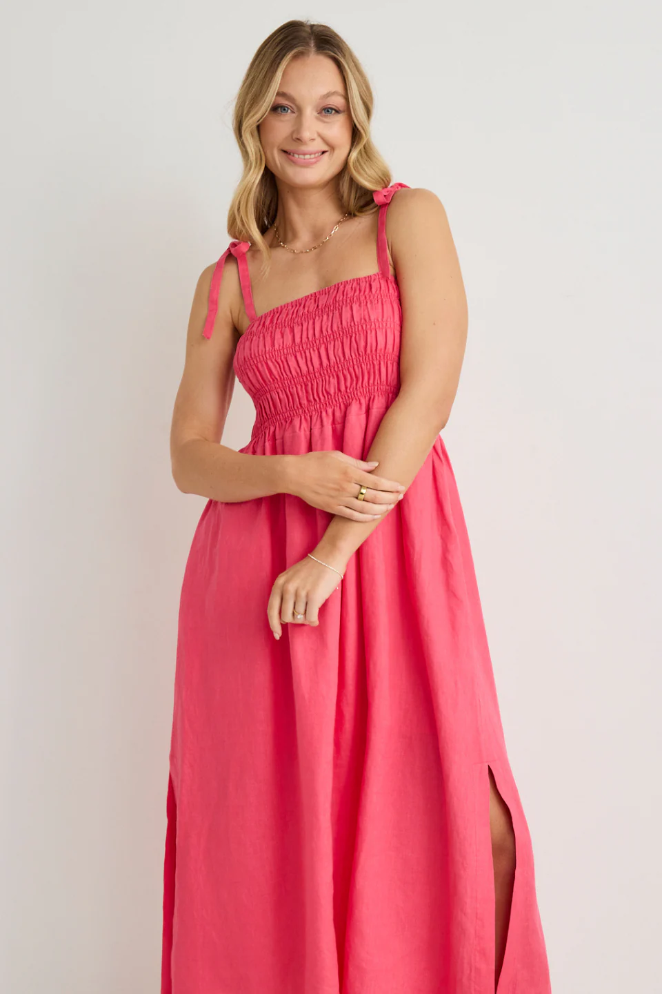 Vacation Fuchsia Strappy Shirred Midi Dress - Image 3