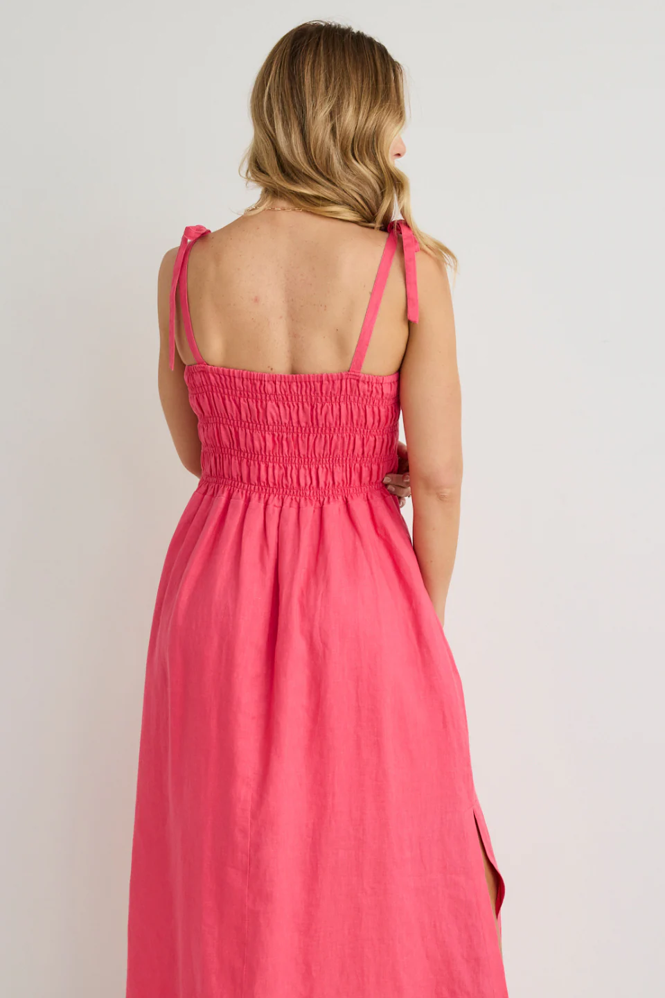 Vacation Fuchsia Strappy Shirred Midi Dress - Image 4