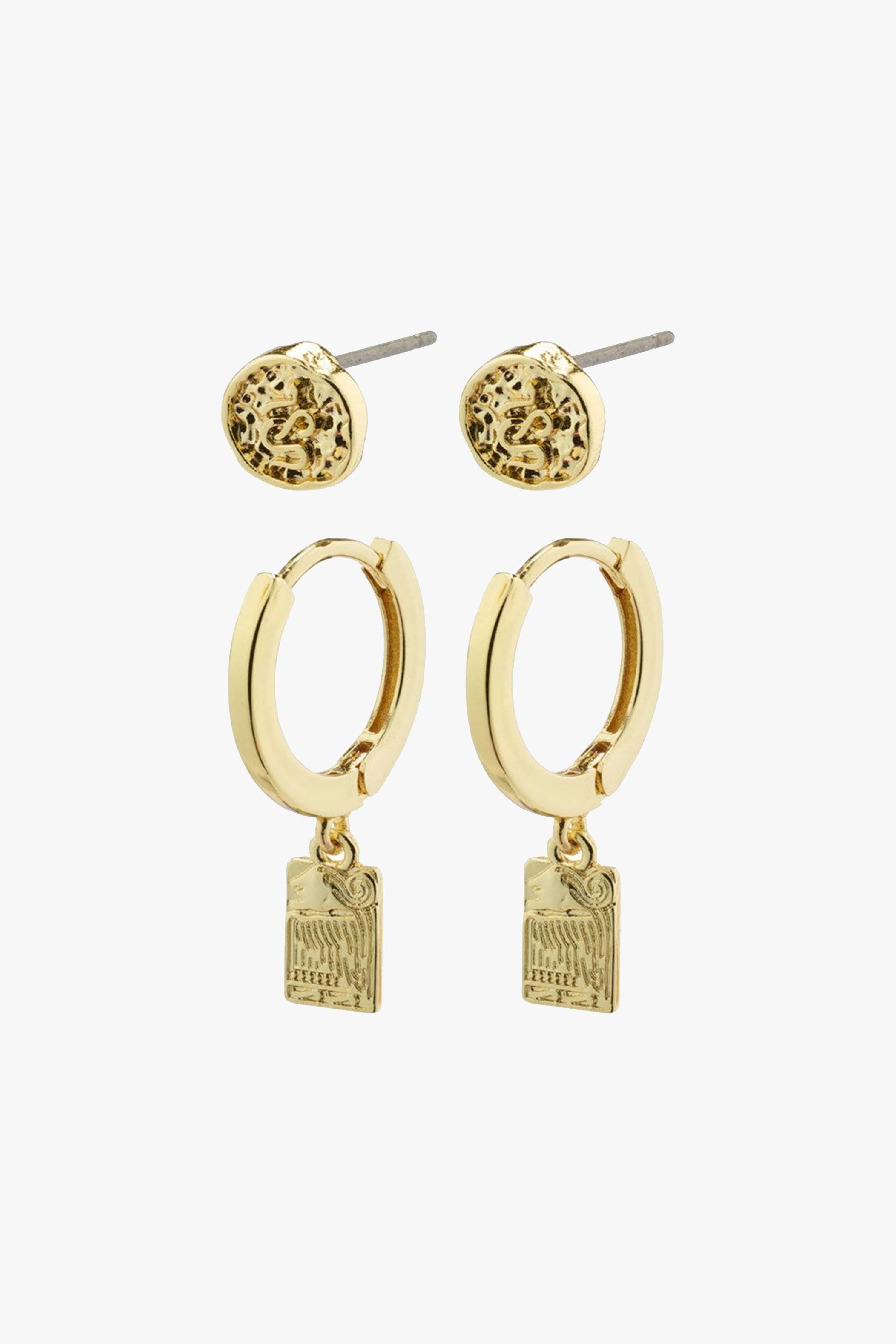 Valkyria Gold Plated Drop Pendant Hoop and Stud EOL Earrings Set