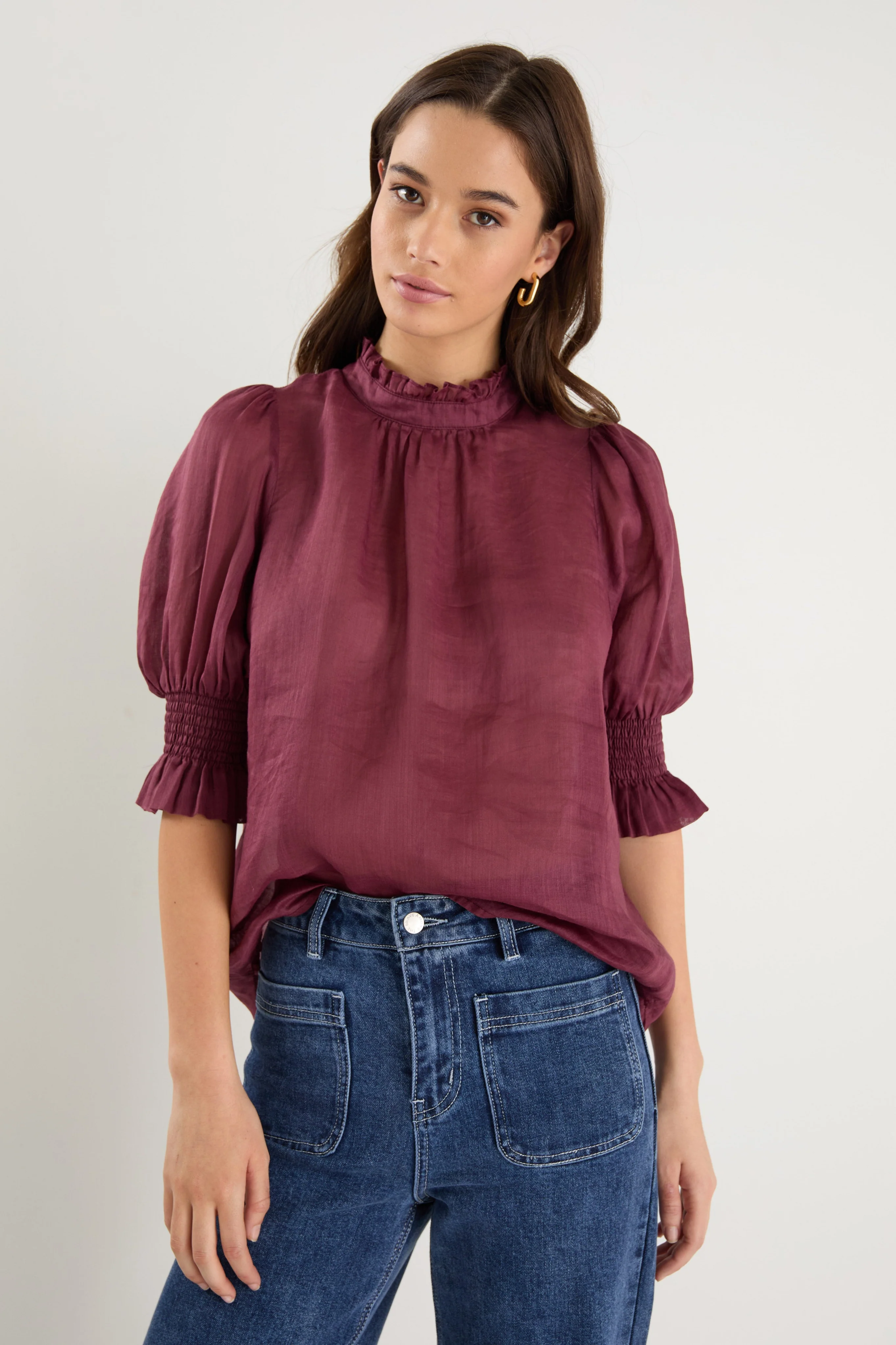 Verse Burgundy Plum Sheer High Neck Short Sleeve Top - Image 3