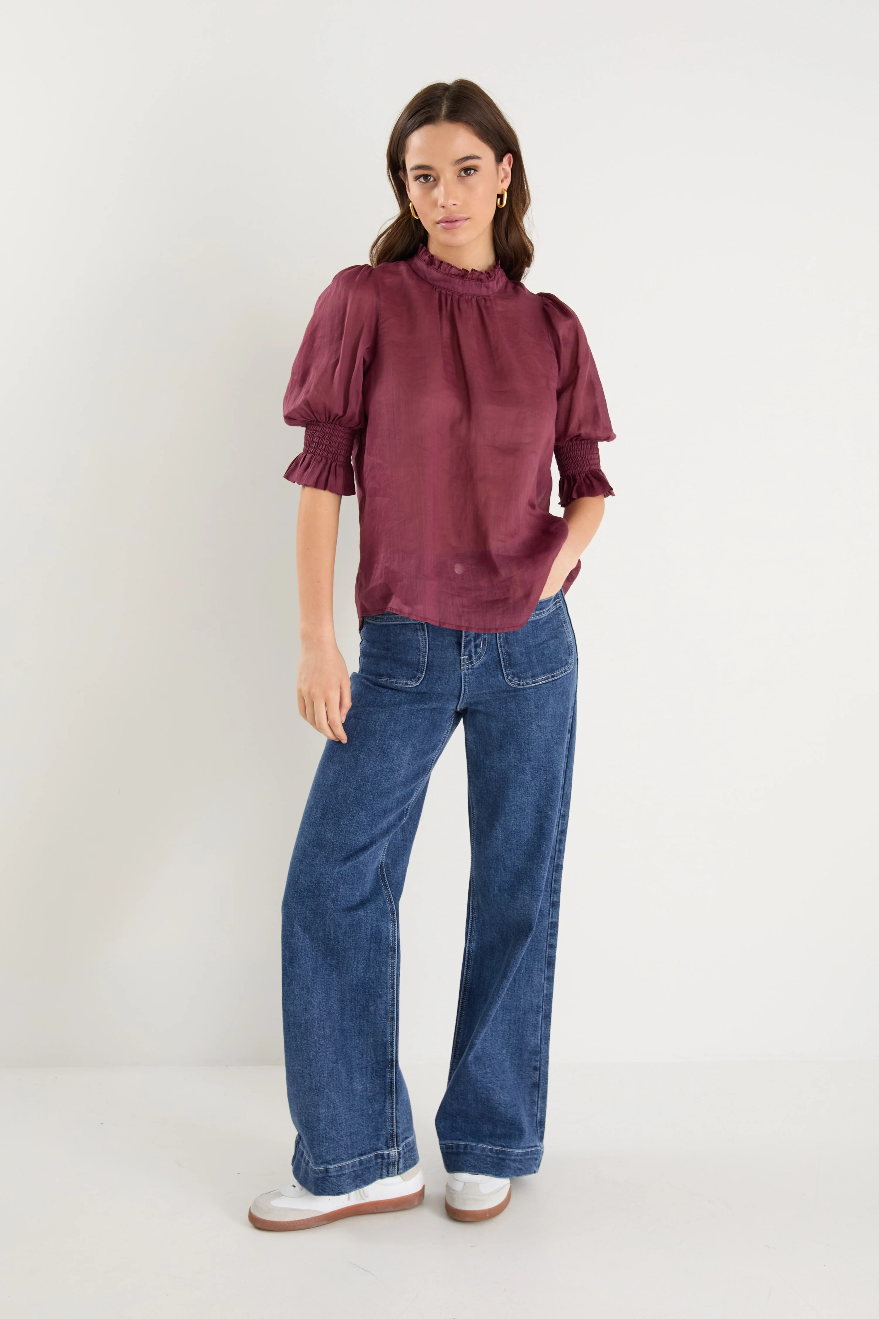 Verse Burgundy Plum Sheer High Neck Short Sleeve Top - Image 4