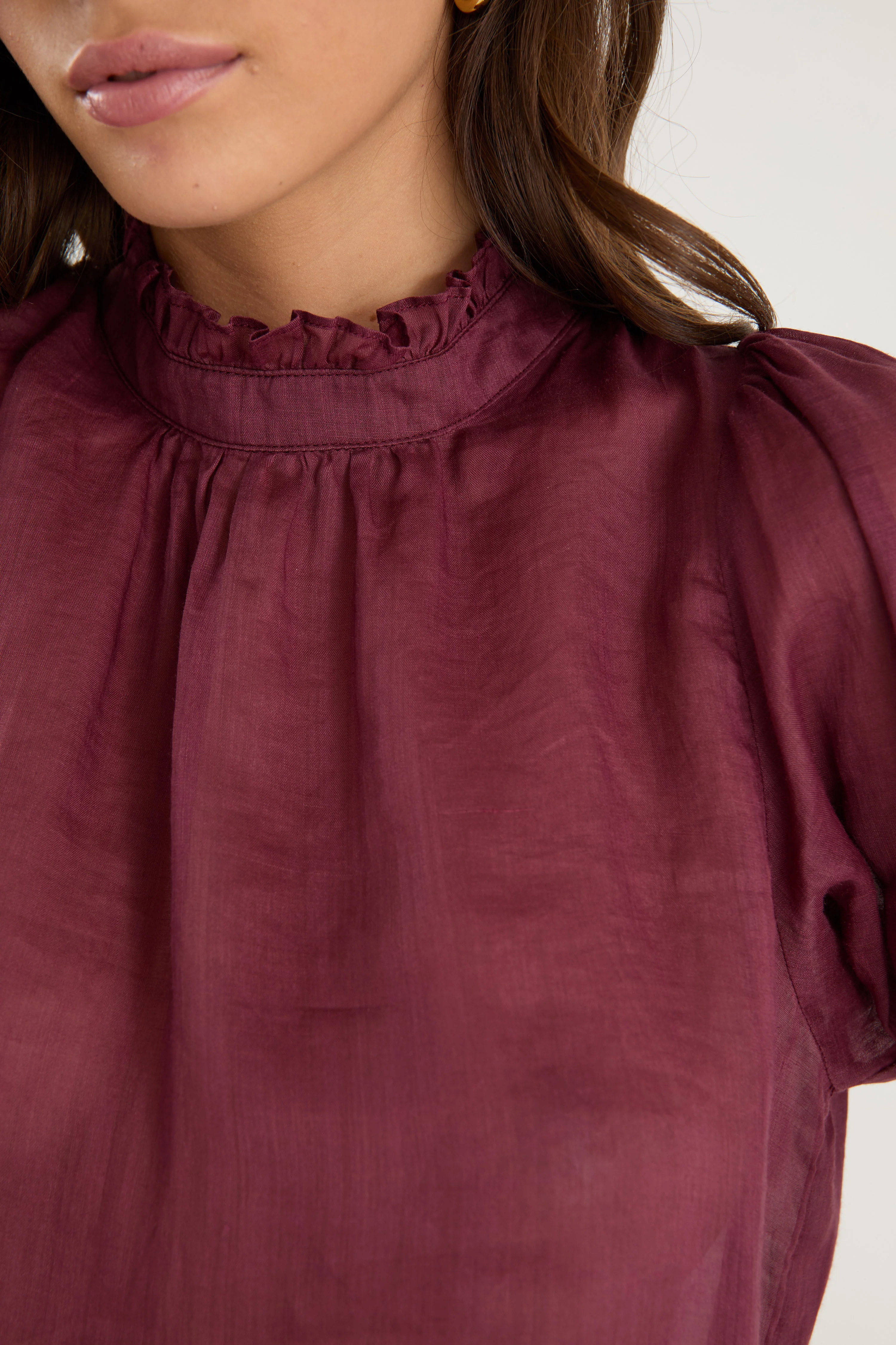 Verse Burgundy Plum Sheer High Neck Short Sleeve Top - Image 5