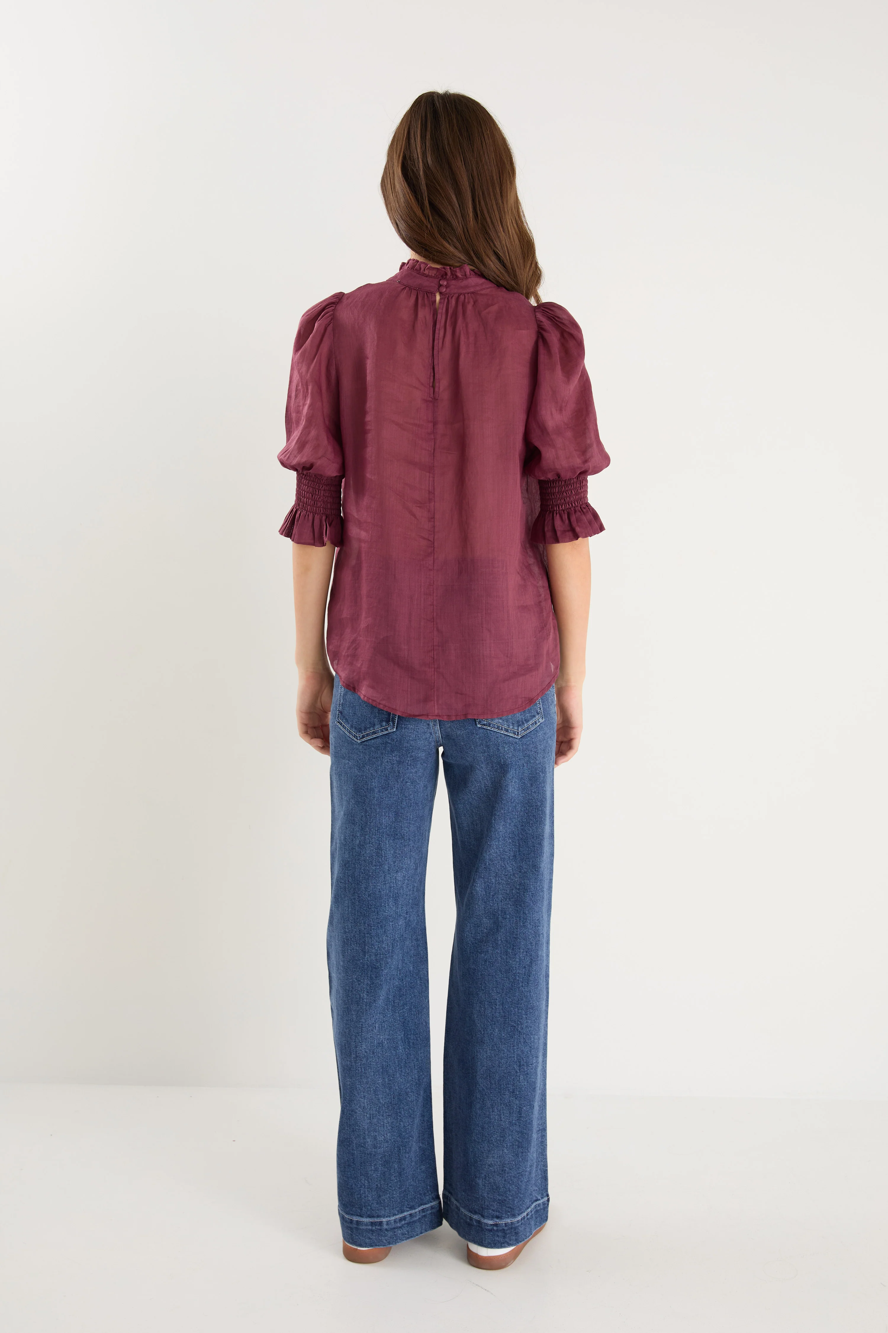 Verse Burgundy Plum Sheer High Neck Short Sleeve Top - Image 6