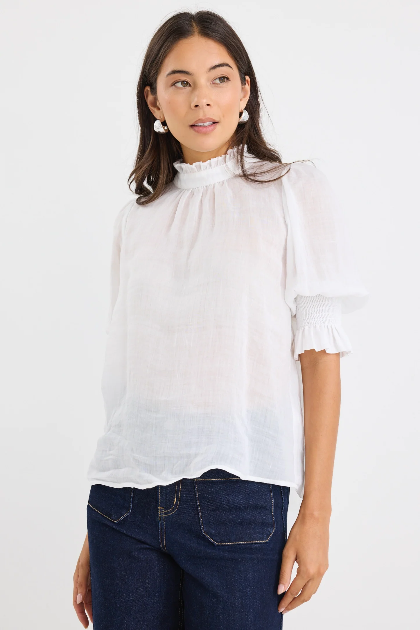 Verse Ivory Sheer High Neck Short Sleeve Top - Image 4