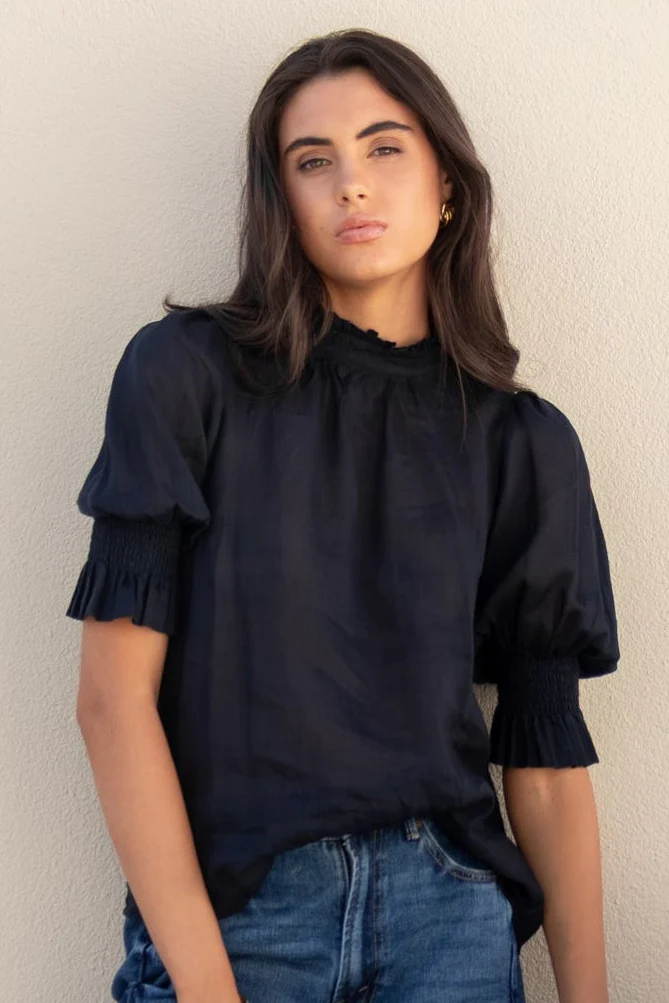 Verse Navy Sheer High Neck Short Sleeve Top - Image 2