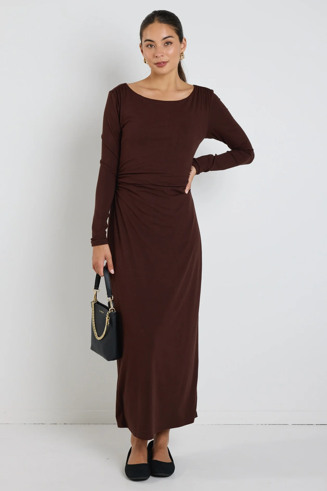 Vertigo Dark Chocolate Jersey LS Midi Dress