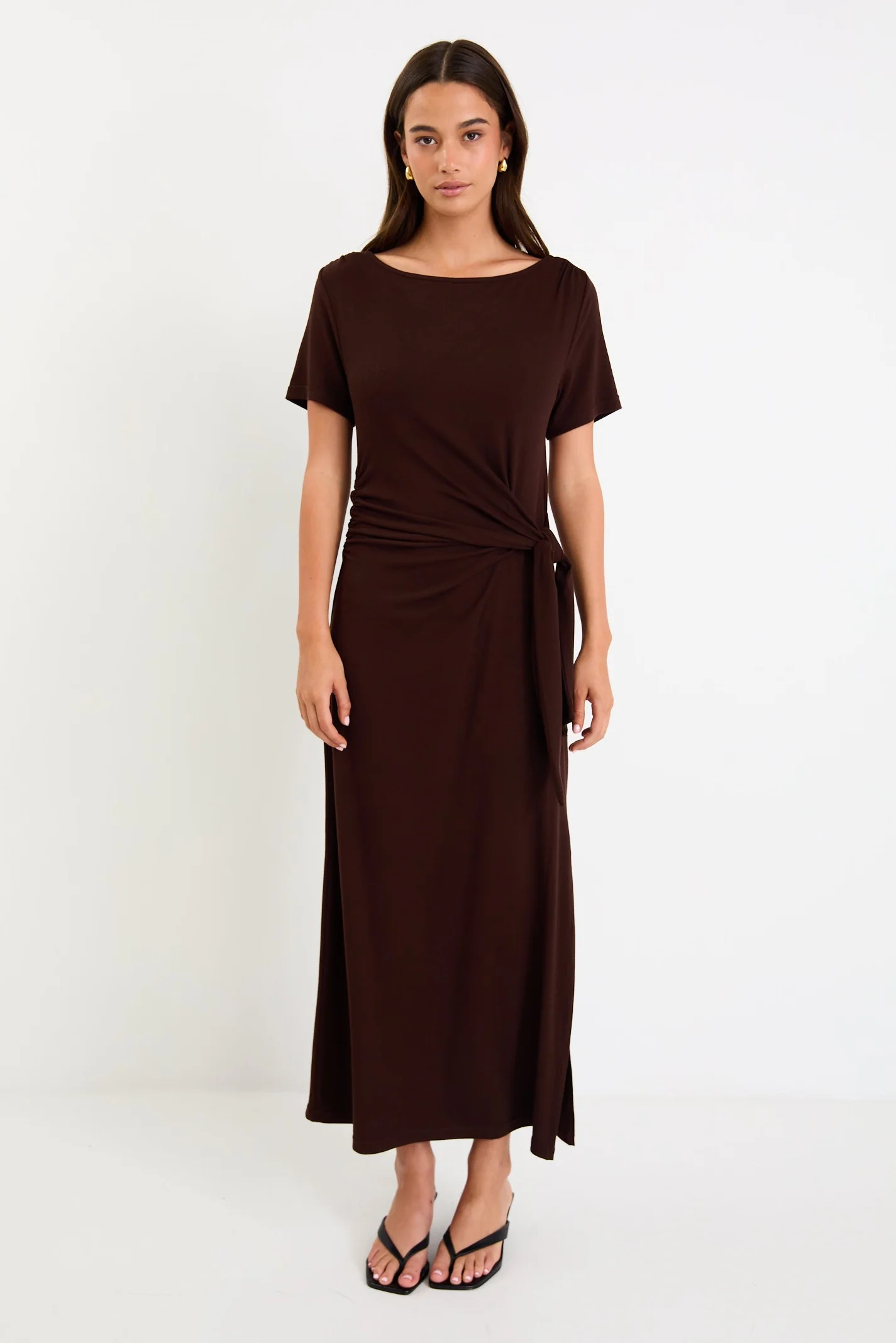 Vortex Chocolate Short Sleeve Waist Tie Knit Tee Shirt Dress - Image 3