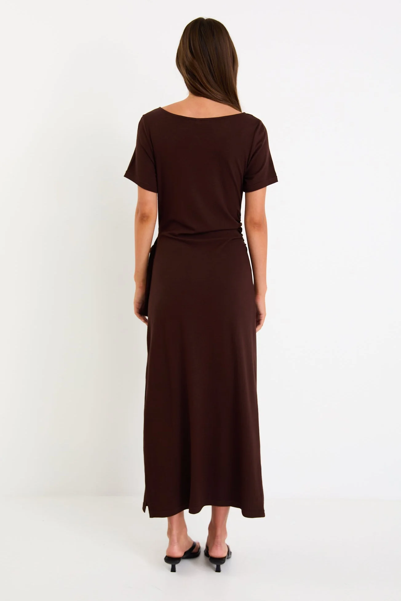 Vortex Chocolate Short Sleeve Waist Tie Knit Tee Shirt Dress - Image 4
