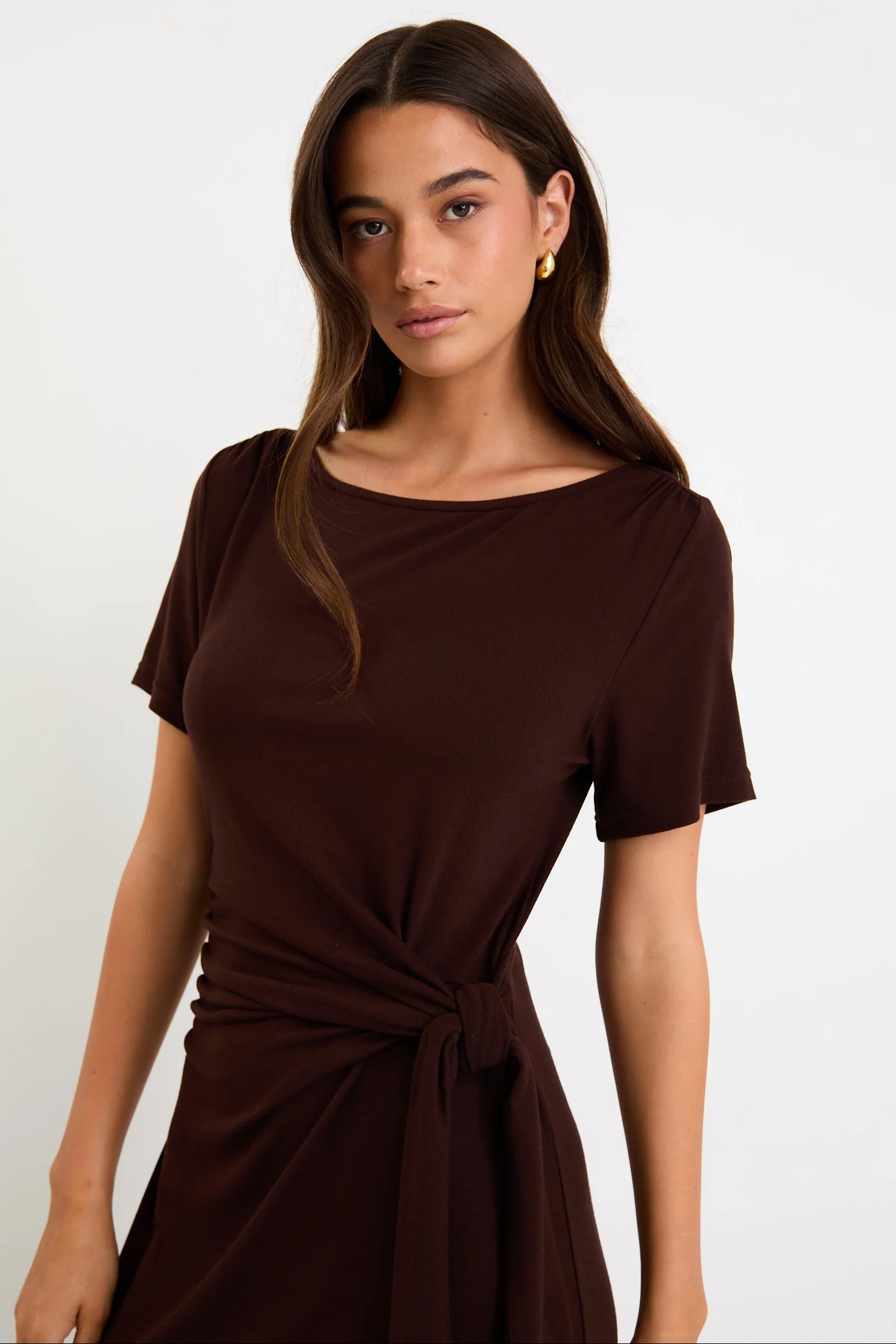Vortex Chocolate Short Sleeve Waist Tie Knit Tee Shirt Dress - Image 5