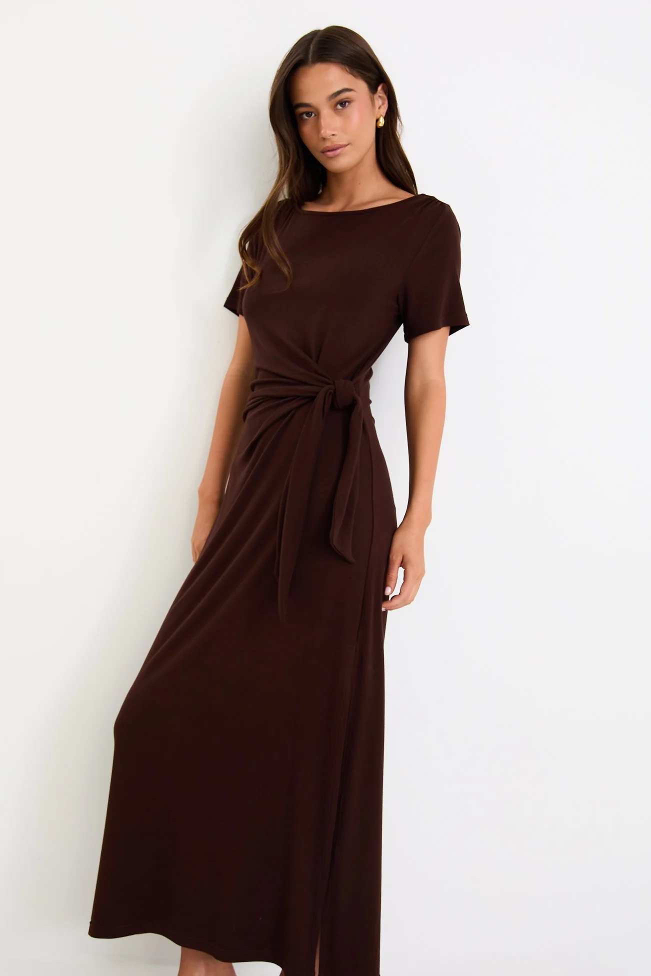 Vortex Chocolate Short Sleeve Waist Tie Knit Tee Shirt Dress - Image 6