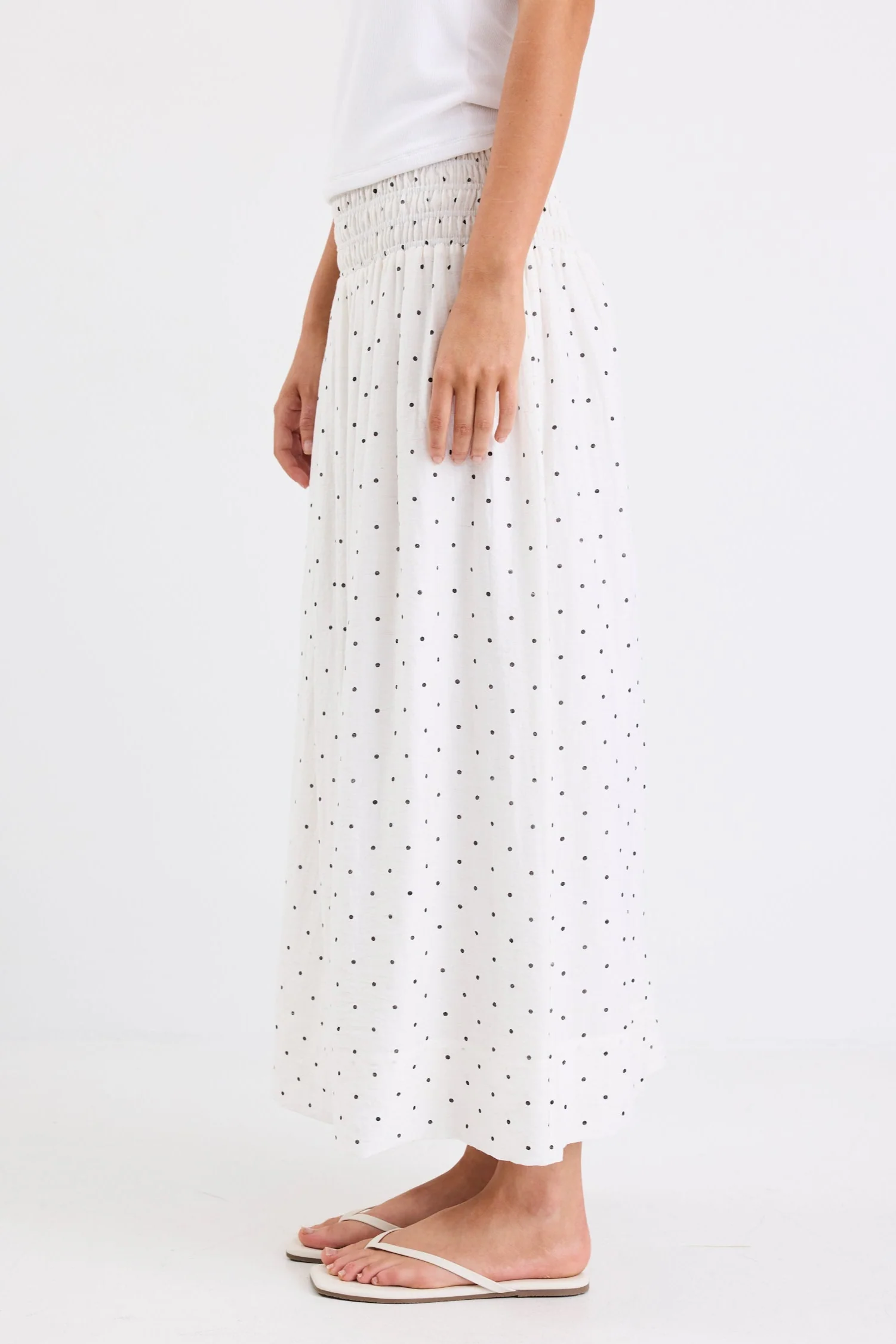 Wanderlust Cream Polka Dot Shirred Waist Maxi Skirt - Image 2