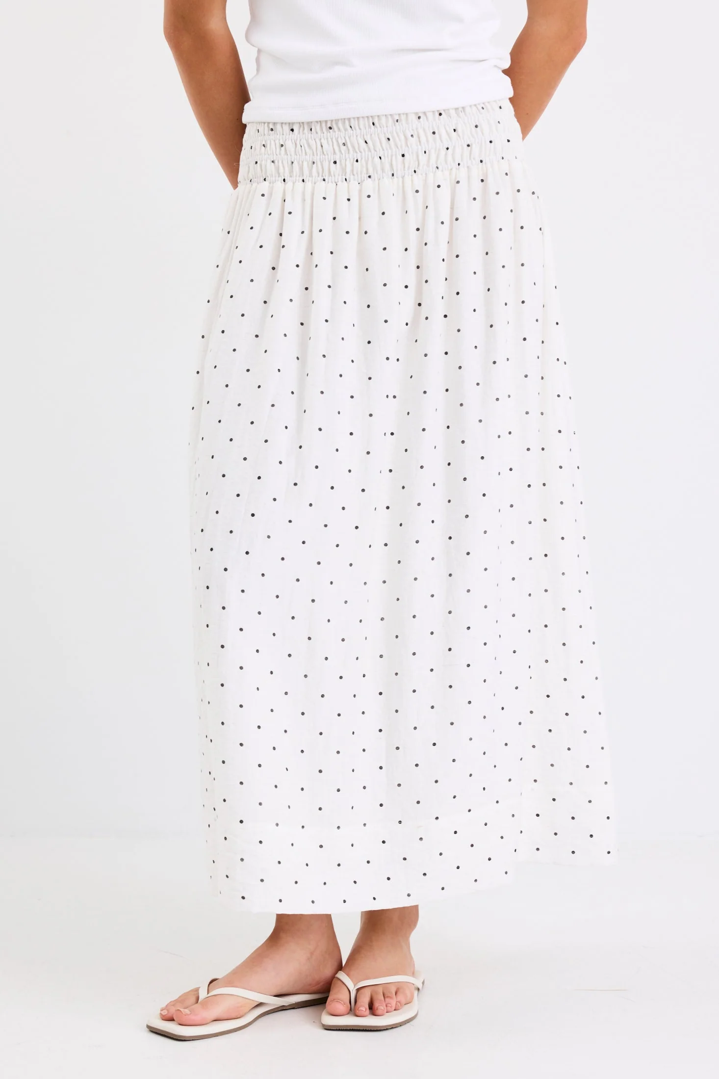 Wanderlust Cream Polka Dot Shirred Waist Maxi Skirt - Image 3