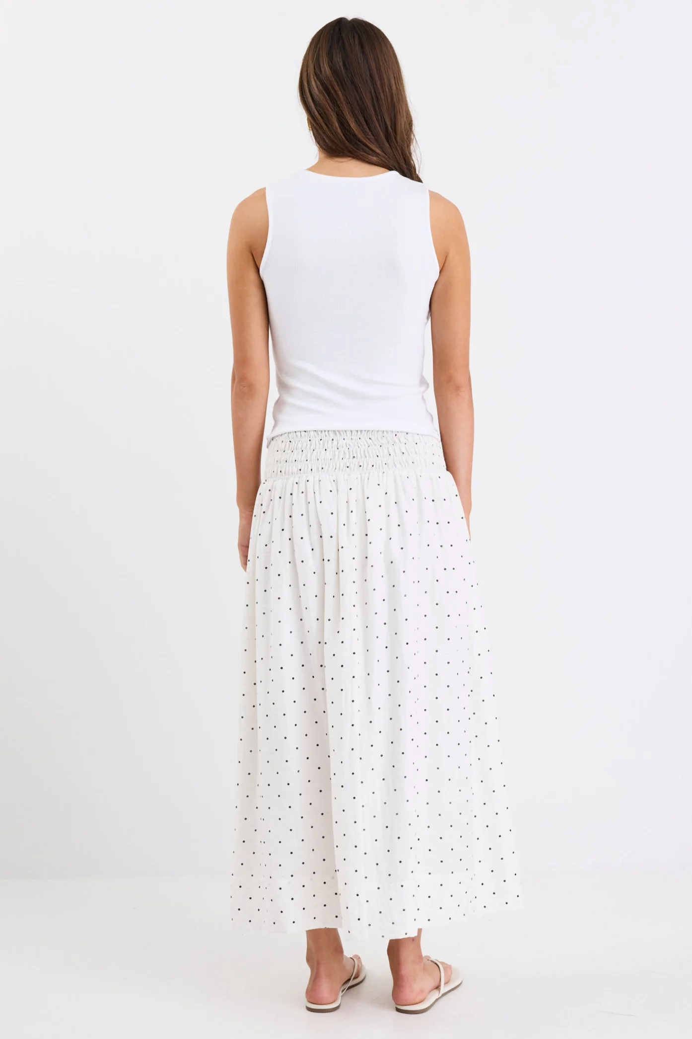 Wanderlust Cream Polka Dot Shirred Waist Maxi Skirt - Image 4