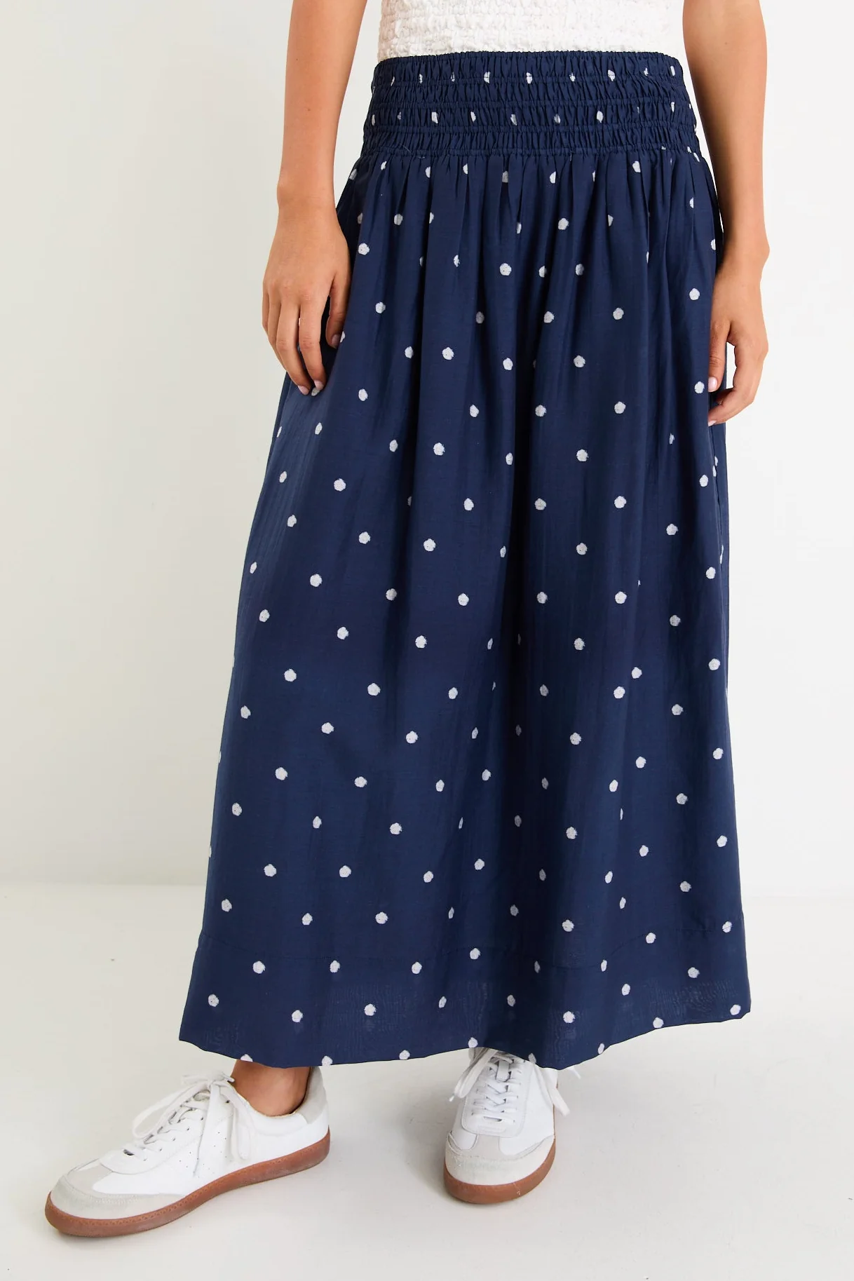 Wanderlust Navy Polka Dot Shirred Waist Maxi Skirt - Image 3