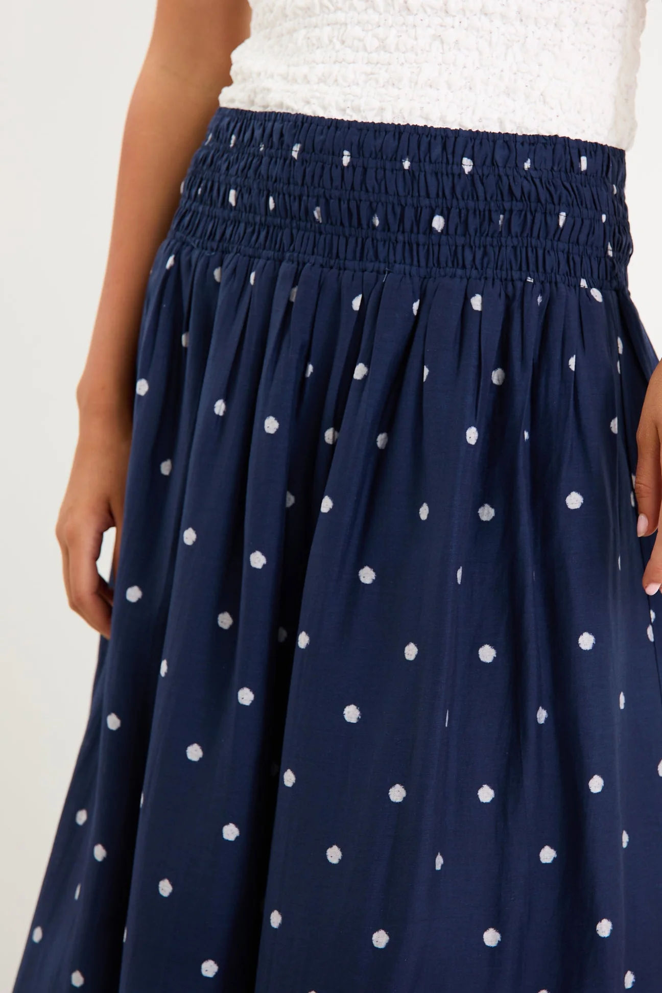 Wanderlust Navy Polka Dot Shirred Waist Maxi Skirt - Image 4