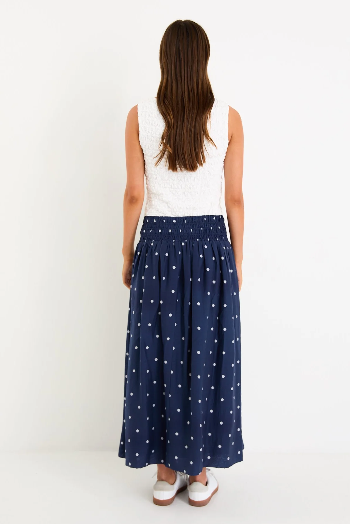 Wanderlust Navy Polka Dot Shirred Waist Maxi Skirt - Image 5