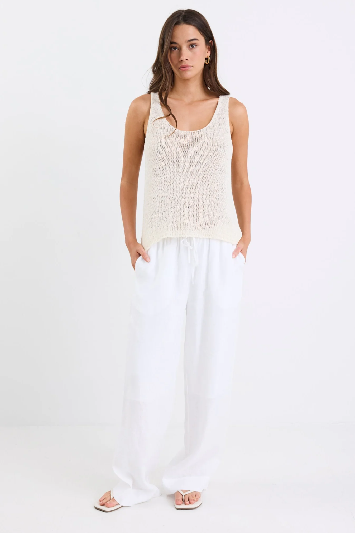 Wellness White Linen Pull On Wide Leg Pants