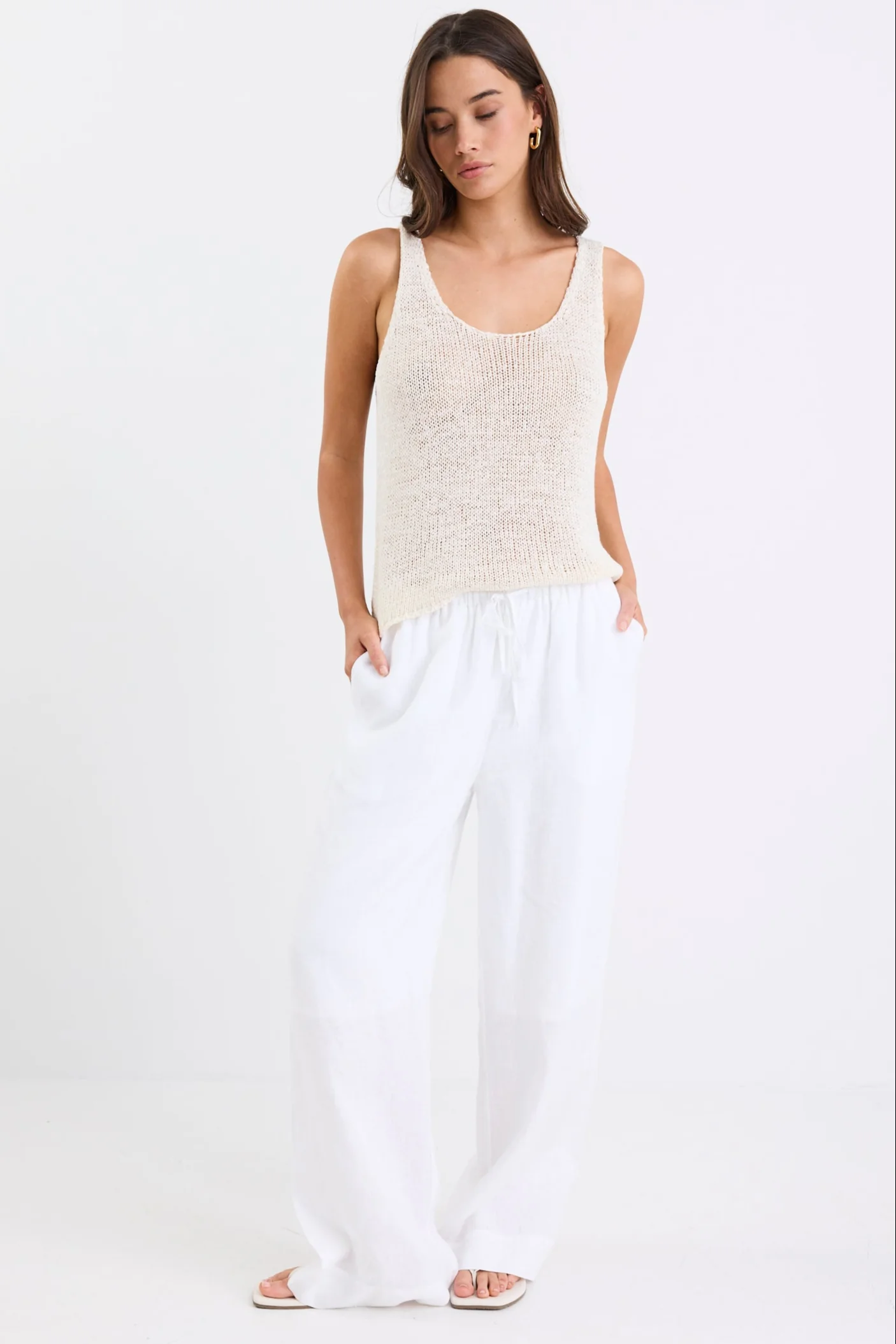 Wellness White Linen Pull On Wide Leg Pants - Image 5